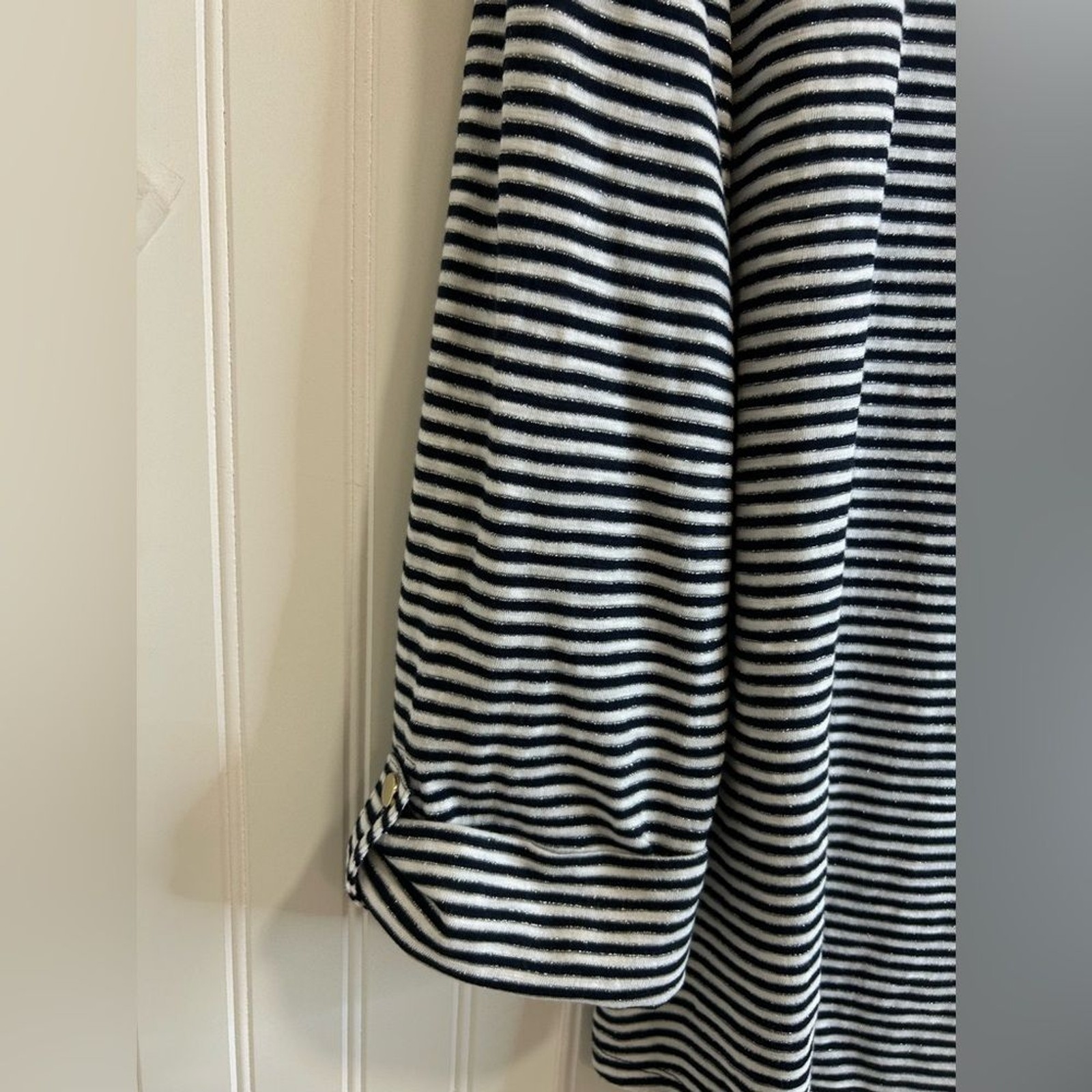 Chico’s women Black and White Striped Top with Metallic Accents.cotton modal .