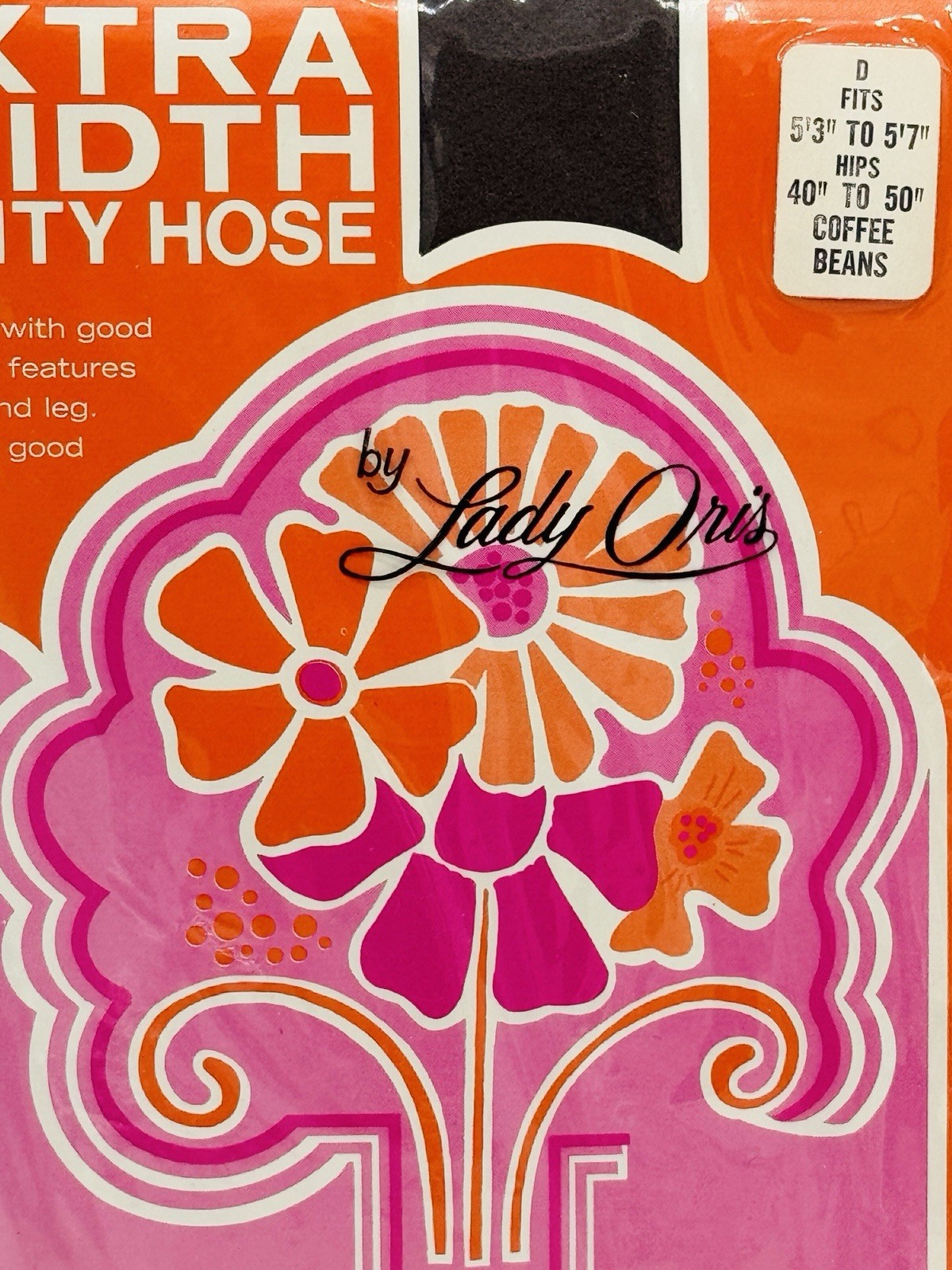 Vintage Lady Oris Pantyhose Nylons 1 Pair Extra Width Flower Power Graphics 1969