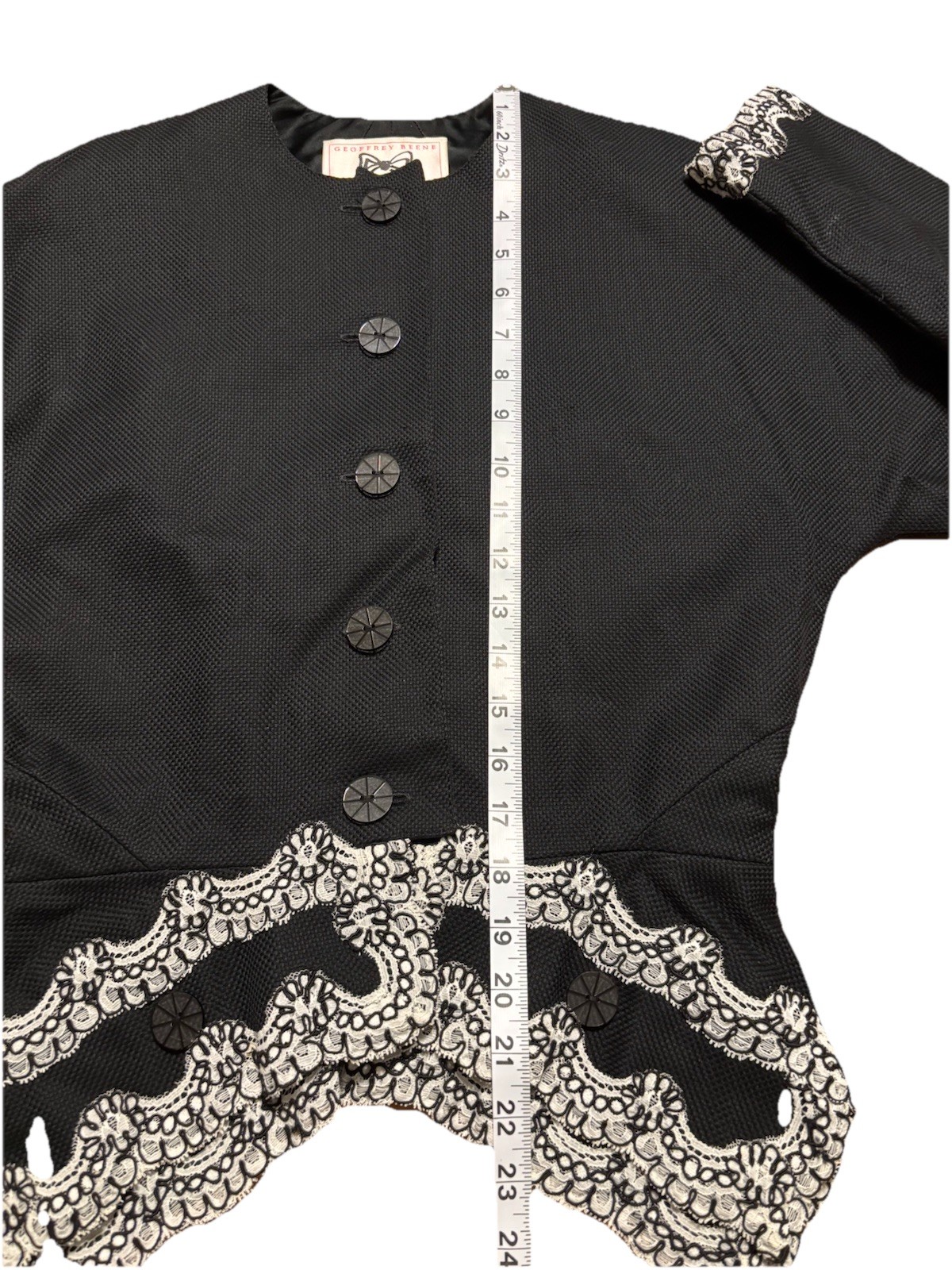 Vintage 1980s Geoffrey Beene Skirt Jacket Set Lace Embroidered Black White 8