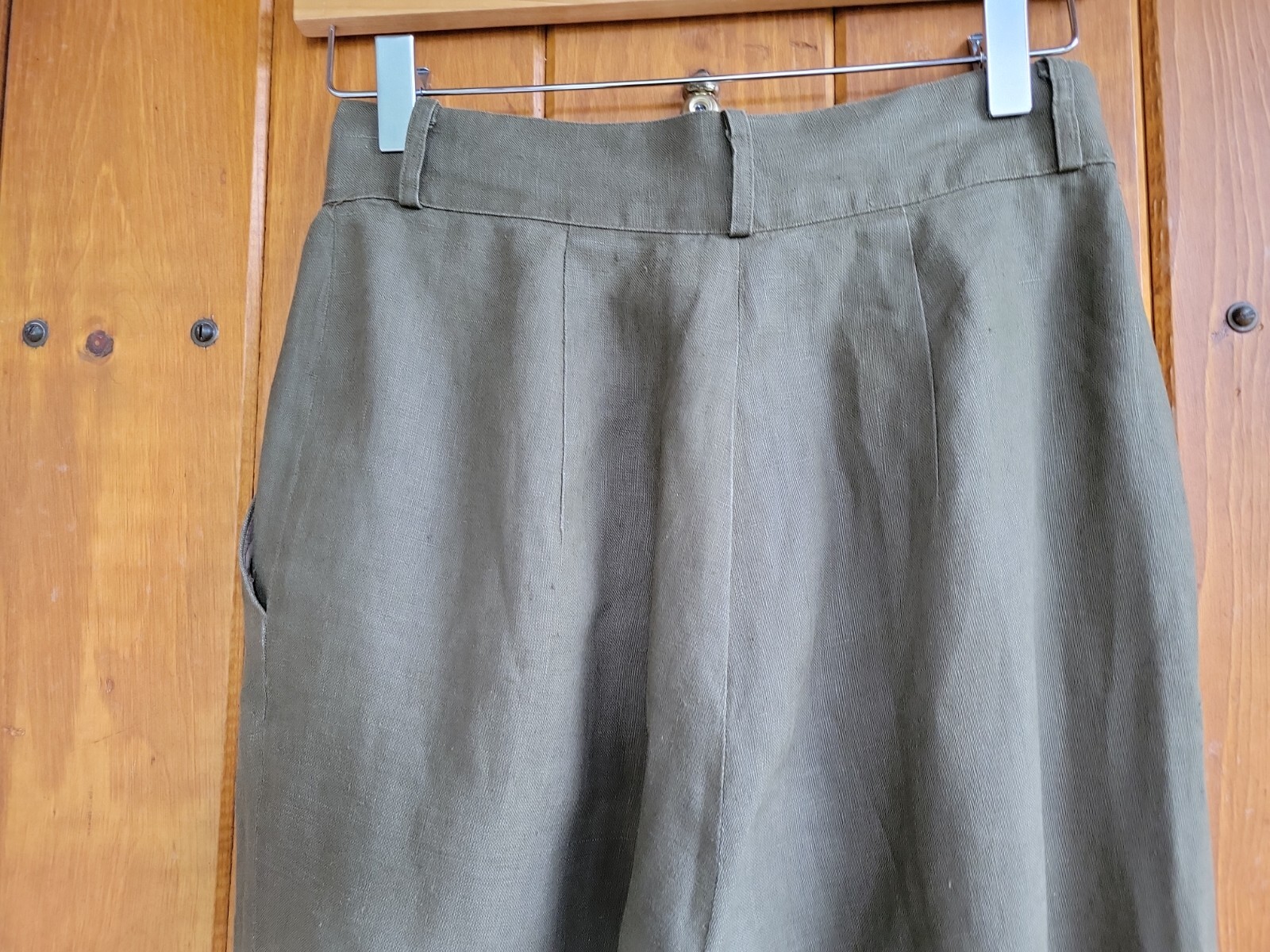 Vintag Lauren Alexandra Sz 8 Olive 100% Linen High Rise Pleated Tapered Trouser