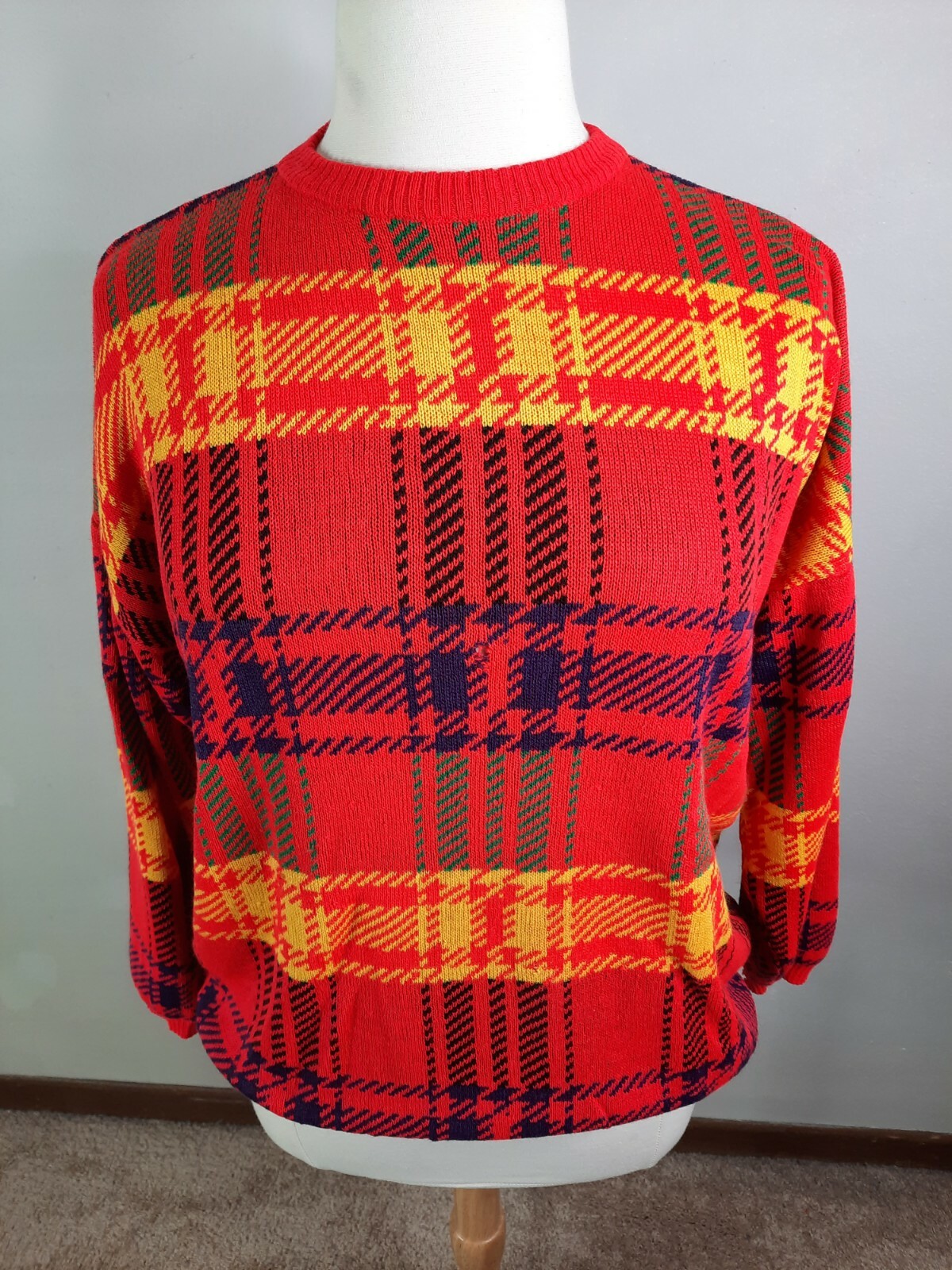 Vintage Vtg 80’s Boxy Bright Red Women’s Crewneck Sweater Plaid S6C Large
