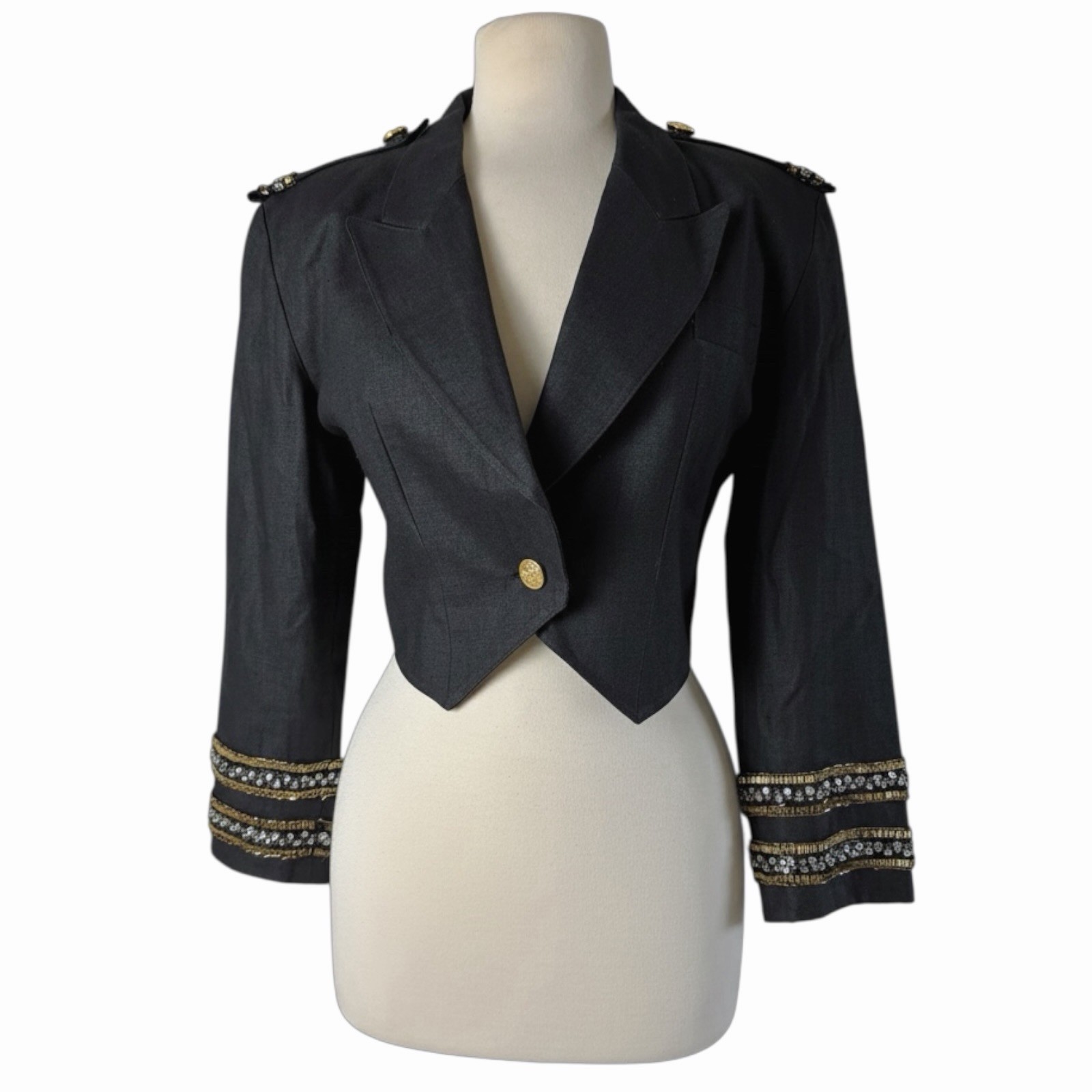 Vintage Pia Rucci Black Linen Cropped Spencer Jacket Military Beaded Blazer Sz 6