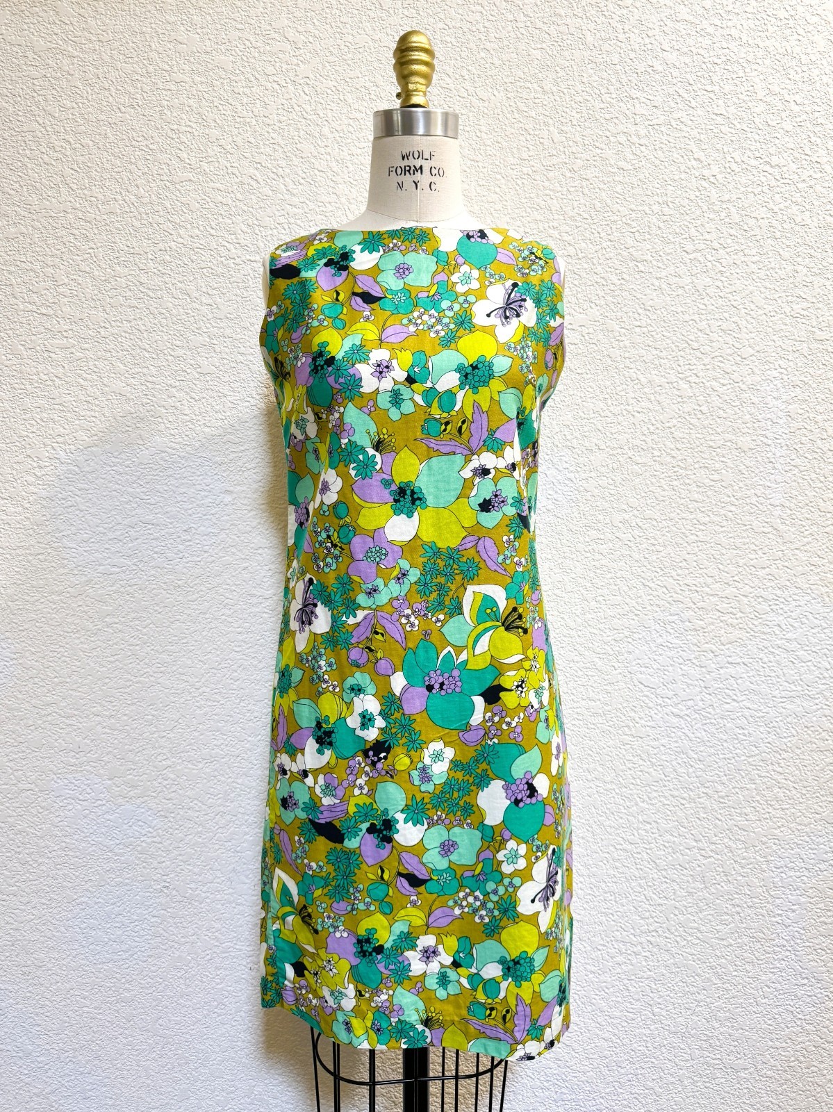 Vintage 1960s Green, Purple, Blue Floral Mini Shift Dress Small S