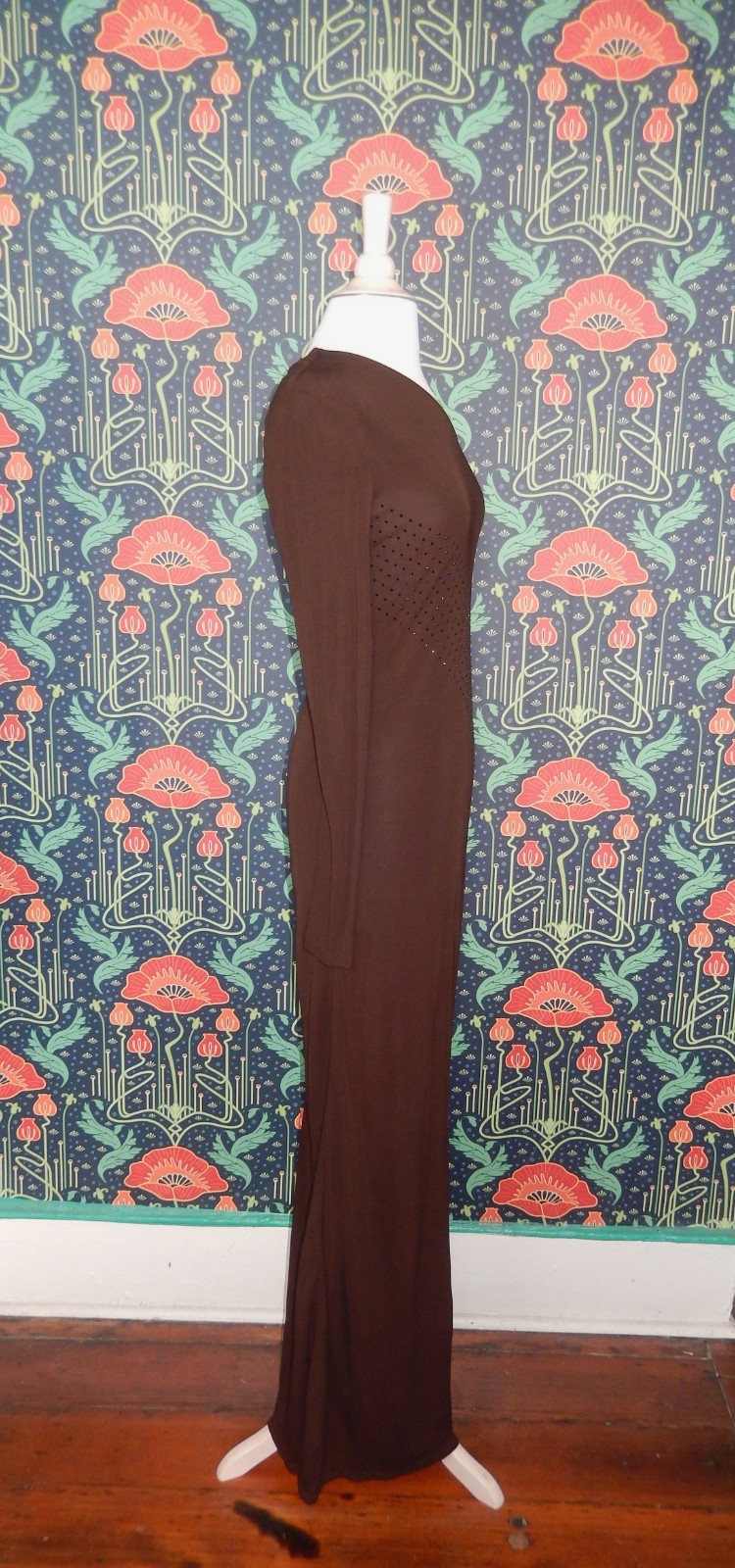 Vintage Y2K Chocolate Brown One Sleeve Shoulder Crystal Maxi Cocktail Dress XS