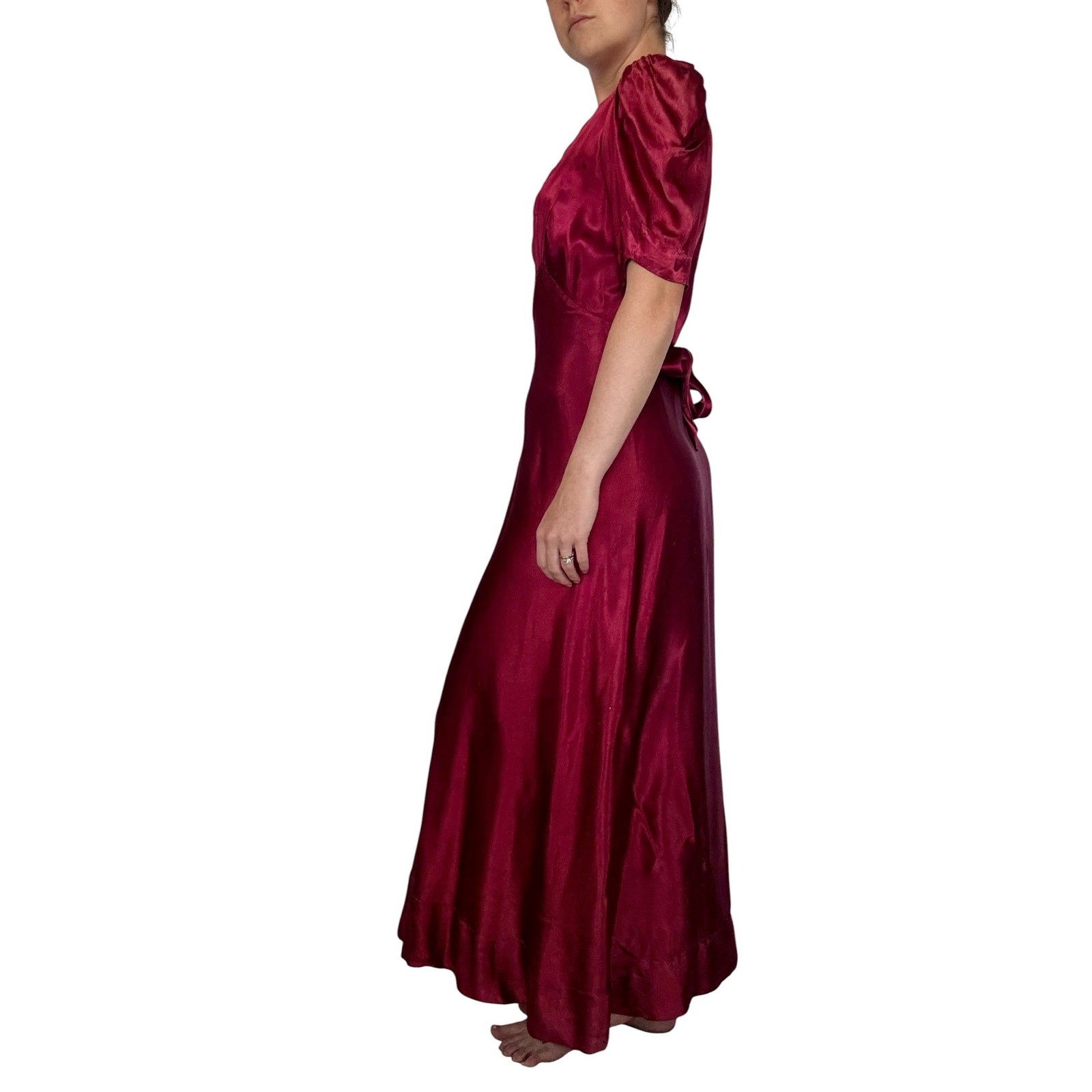 Vintage 1930s Liquid Satin Gown Quilted Floral Bias Cut Maroon Lounge Dress Gown