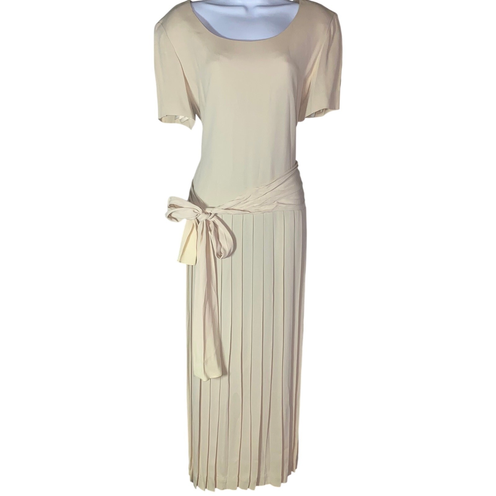 Vintage 90s Donna Ricco New York Pleated Drop Waist Off-White Maxi Dress – 10
