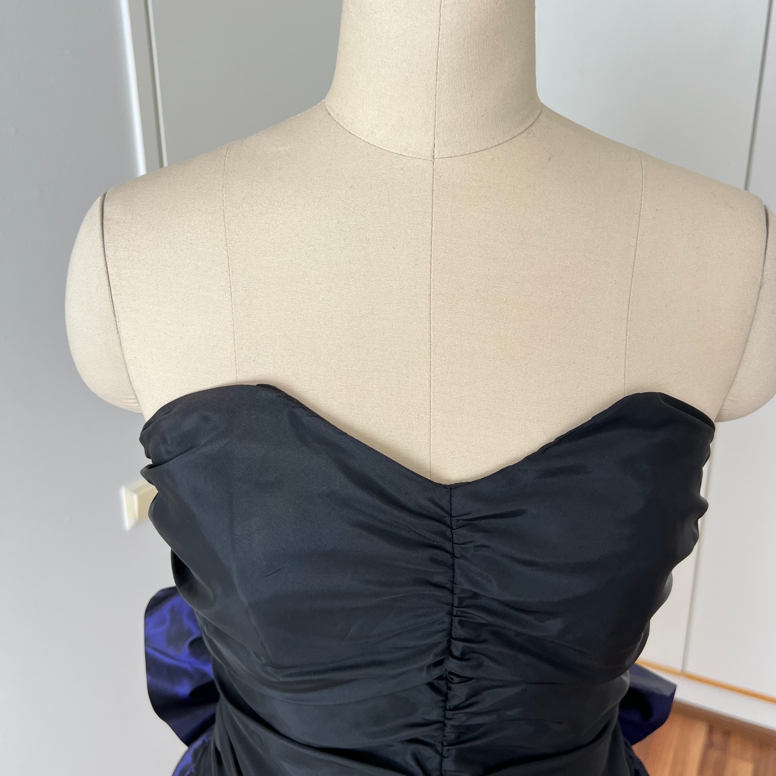1980s Taffeta Prom Party Dress Bow Back Ruched Cocktail Strapless Gown EU 36