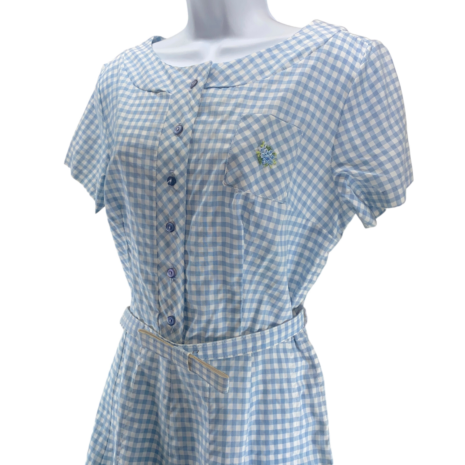 Montgomery Ward Vintage Shirtwaist Dress Size 20.5 Blue White Gingham Bow Belt
