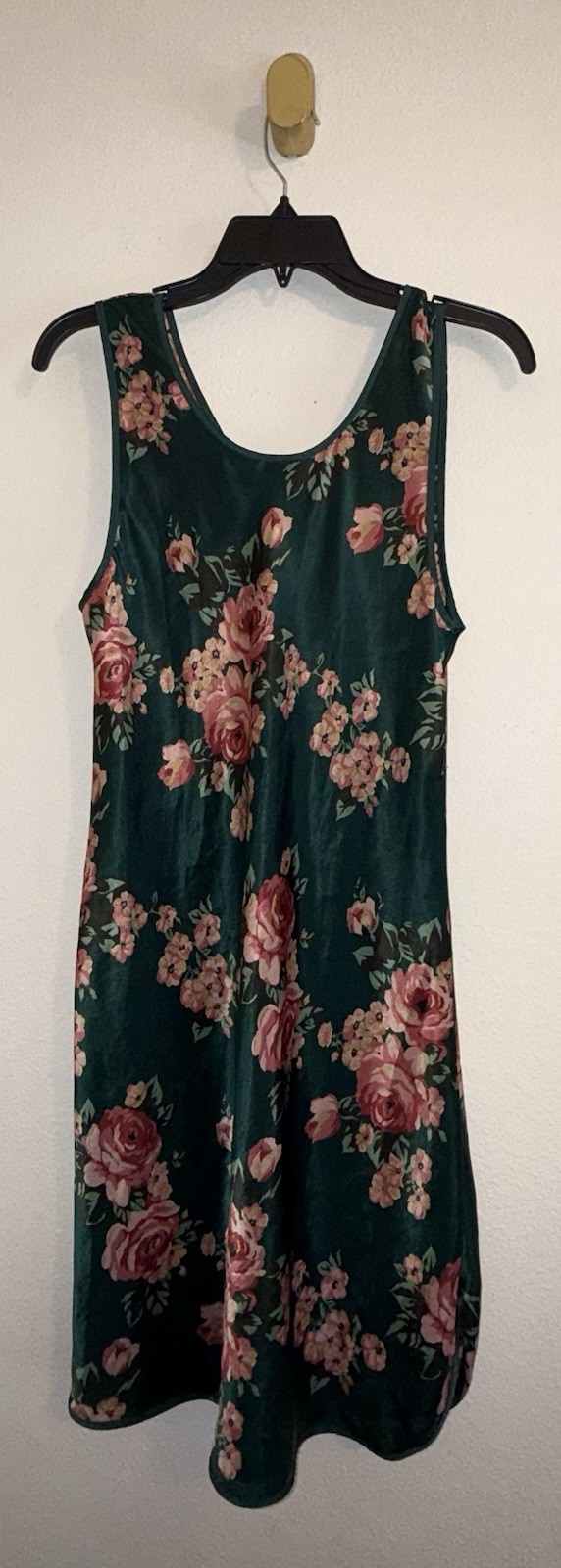 Vintage 80s Go Softly Polyester Satin Nightgown Sleep Dress Floral Roses M Green
