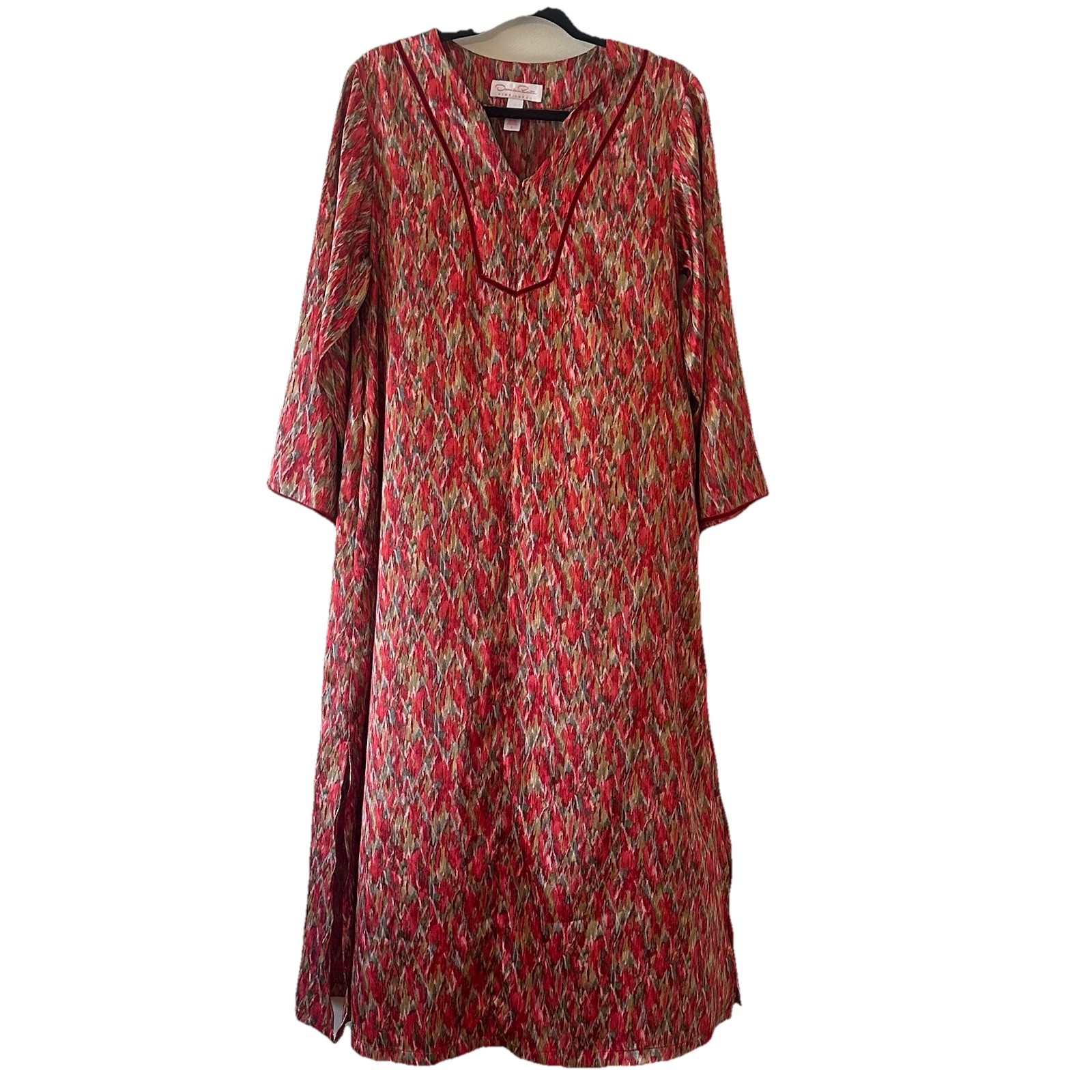 Oscar de la Renta Geometric Satin Pockets Caftan Dress Muumuu Half Zip Sz Small