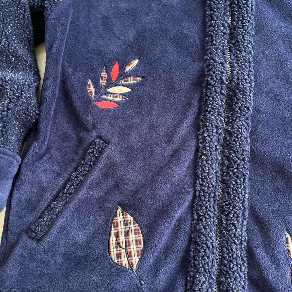 Vintage Northern Reflections Navy Blue Fleece Embroidered Plaid Leaves Jacket L