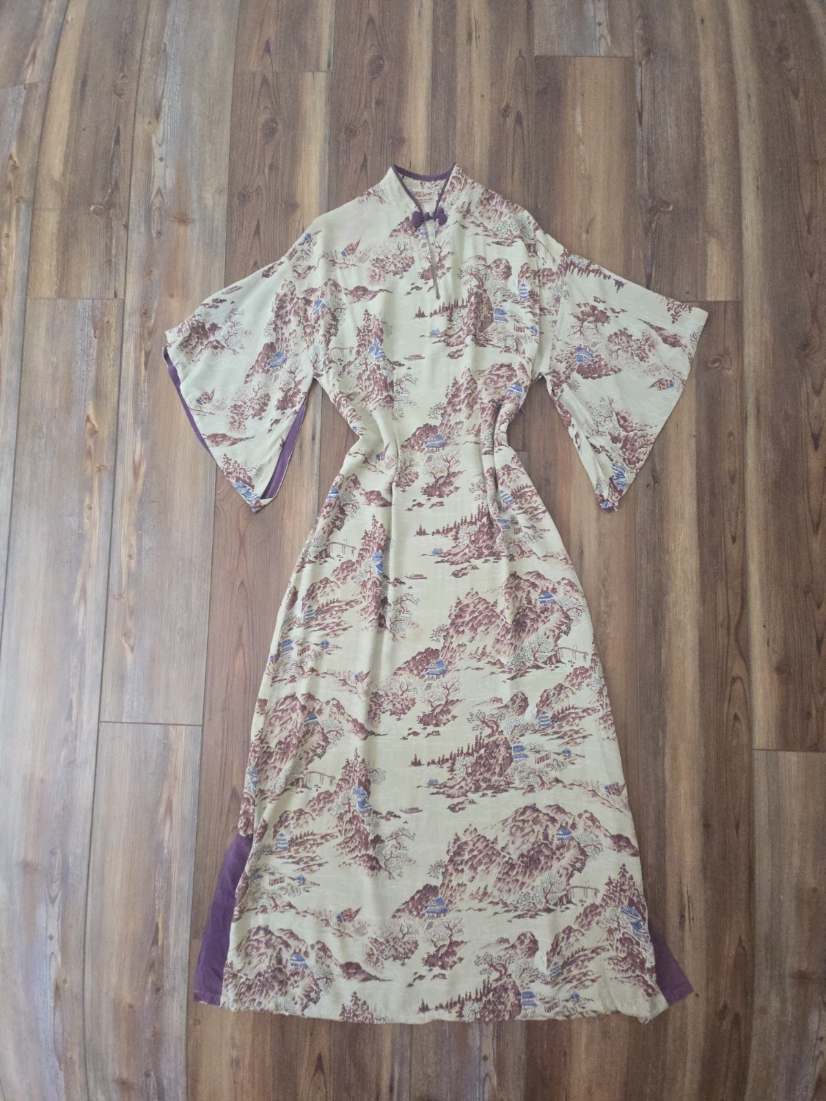 Vtg McInernys 1950s Hawaiian Maxi Dress Womens Pake Muu Watercolor Pagoda Nature