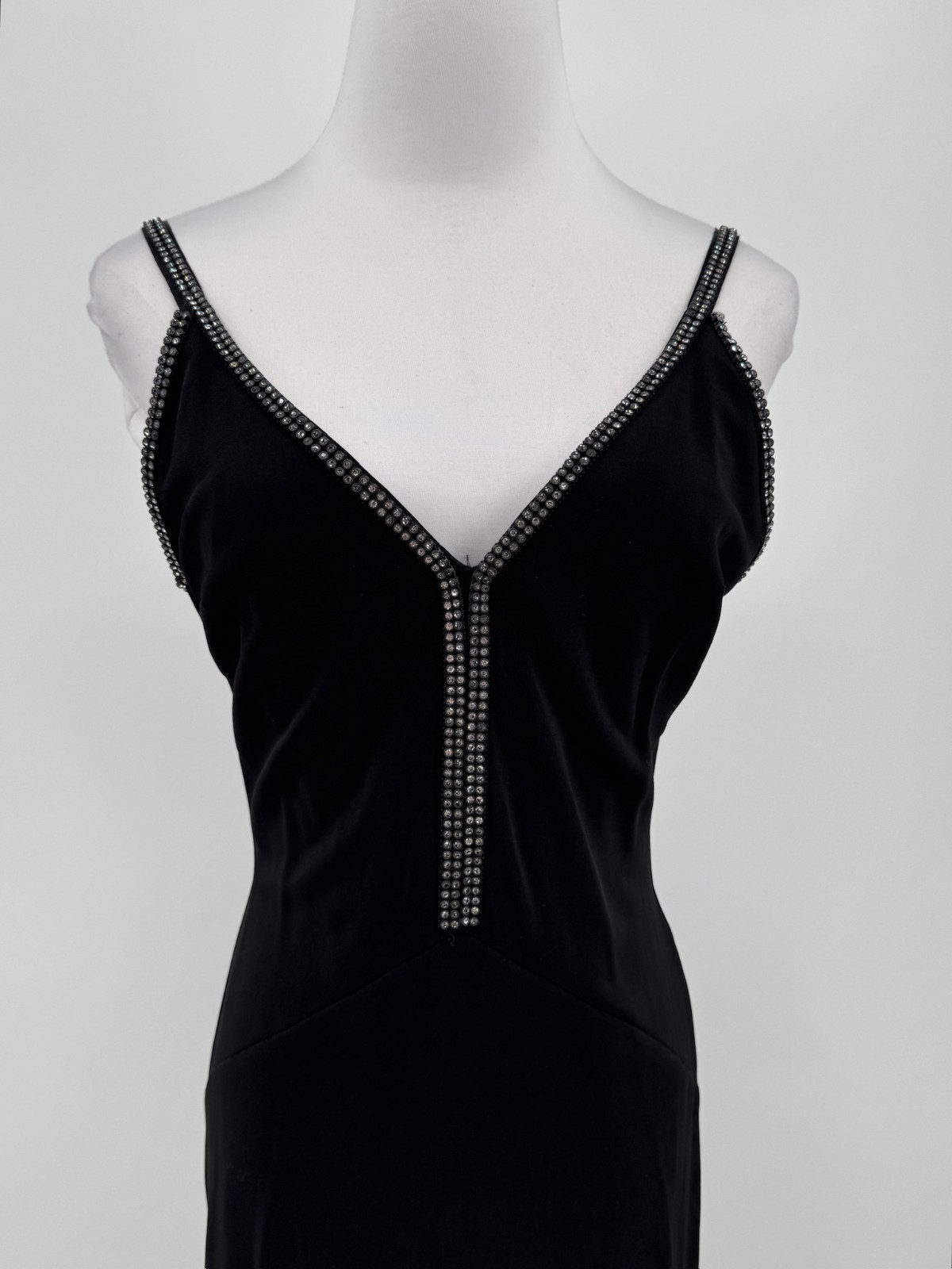 Aspeed USA Vintage Black V Neck Rhinestone Trim Sleeveless Maxi Slip Dress