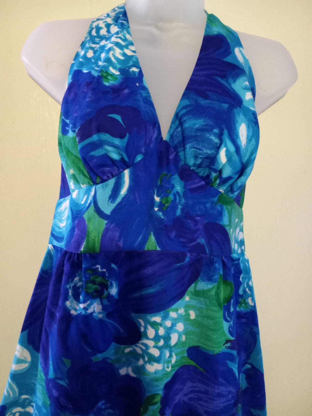 Vintage 60s Hale Aloha Tiki Oasis Hawaiian Blue Floral Barkcloth Halter Dress XS