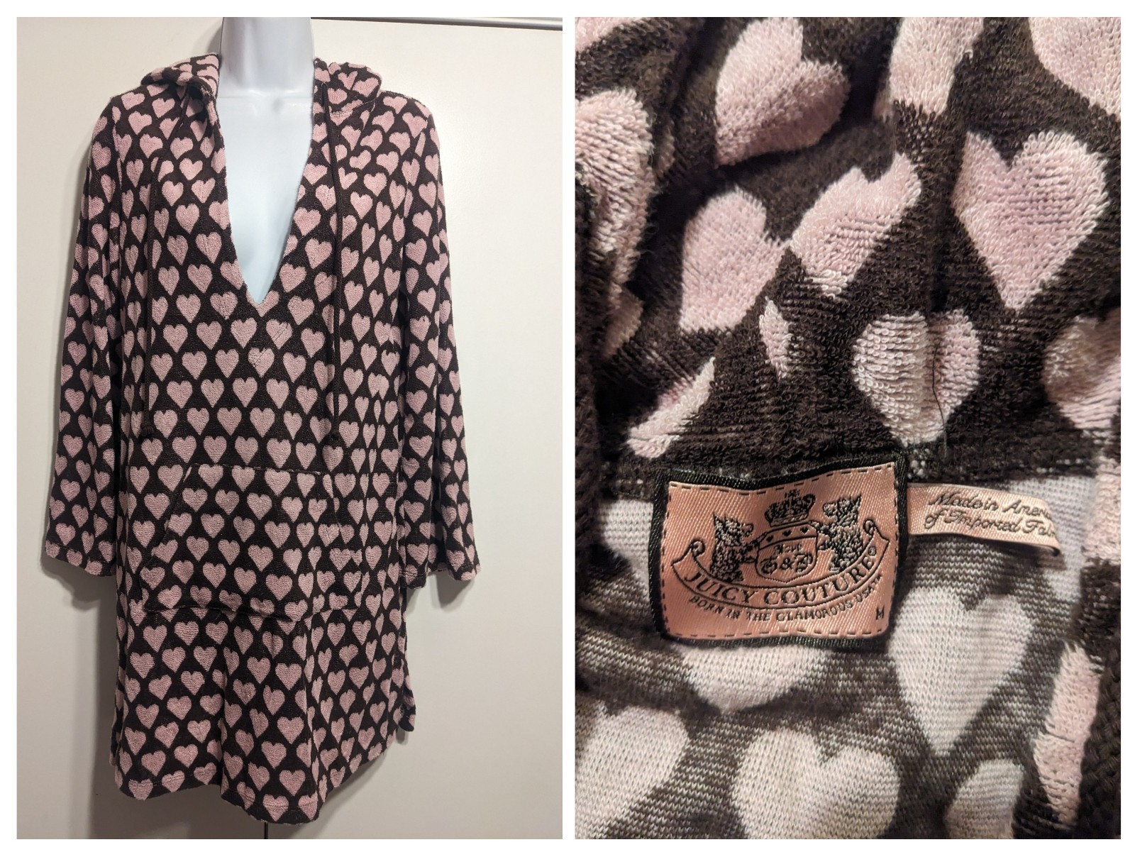 Y2K Vintage Juicy Couture pink brown terry hearts hooded cover up dress M USA