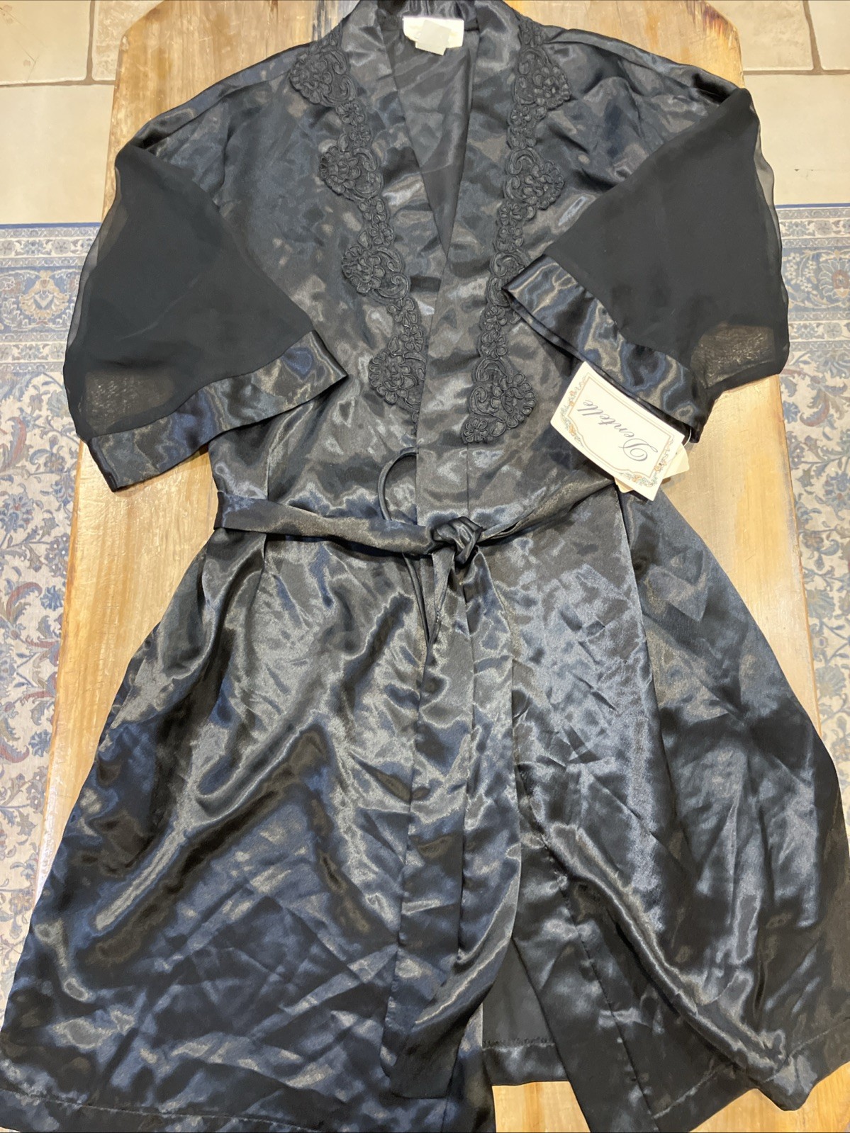 Dentelle Vtg Black Satin Kimono Robe Lace Appliques Size Large Lingerie USA