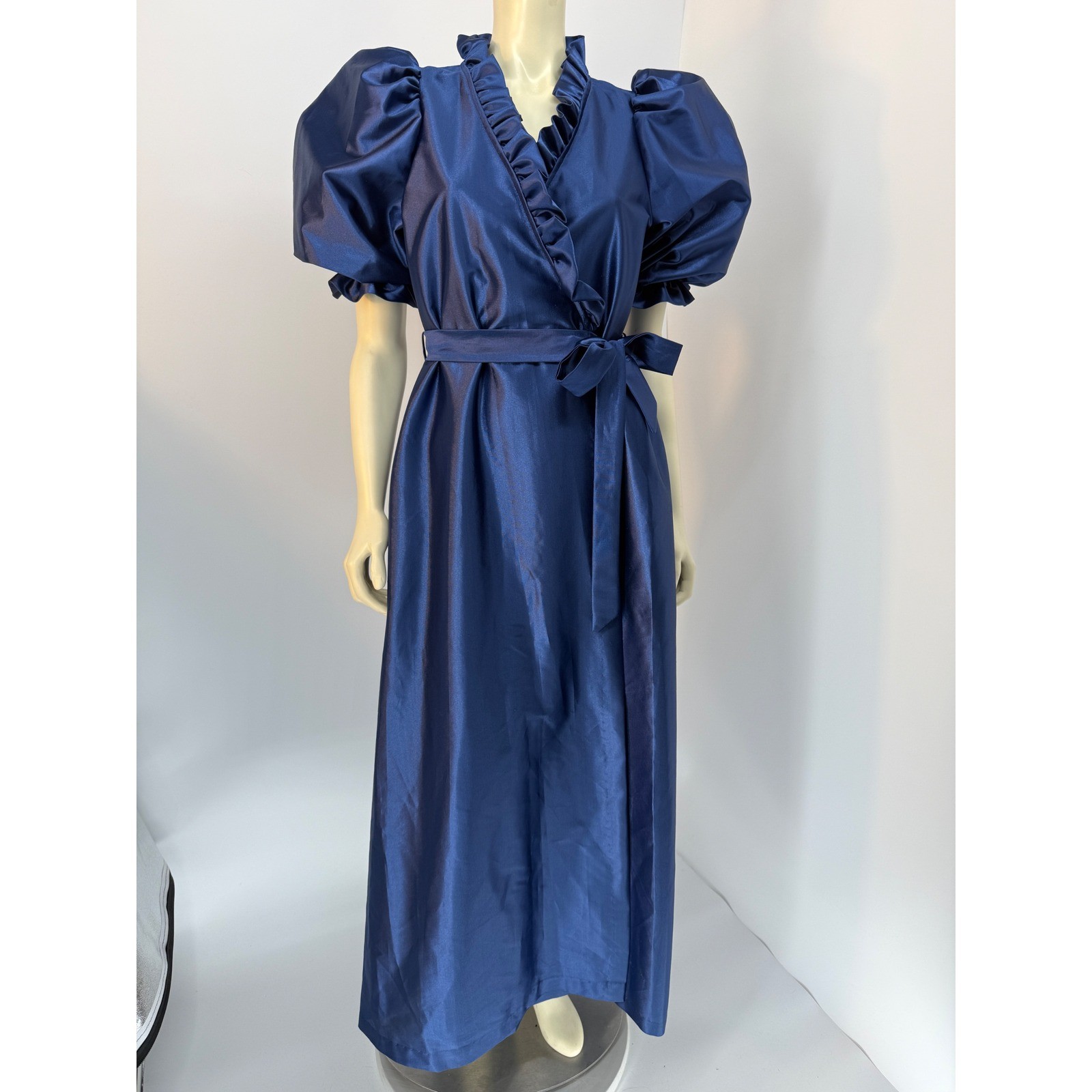 Vintage Puff Sleeve Satin Robe Royal Blue Ruffle Neck Tie Waist Maxi Wrap M/L