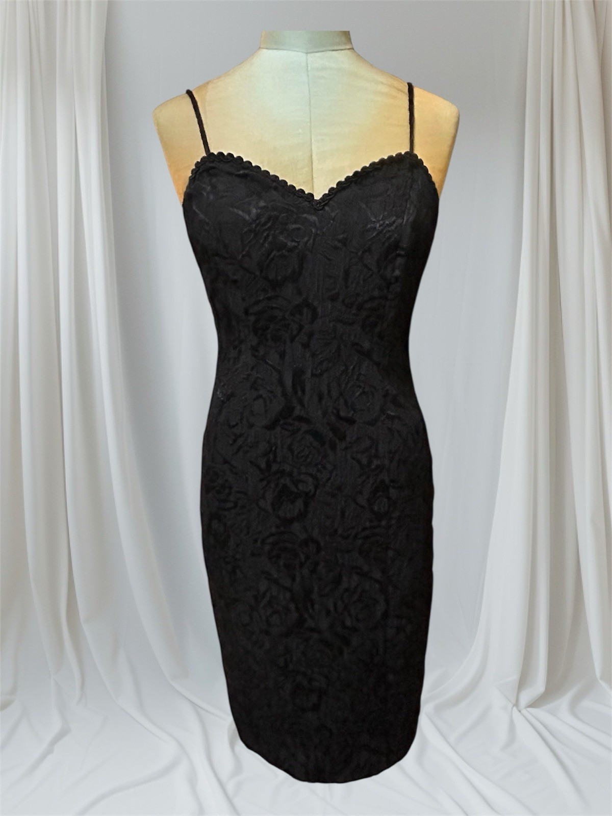 Vintage 1970s mini dress black brocade satin floral SZ 8 S/M Union Made Beauty