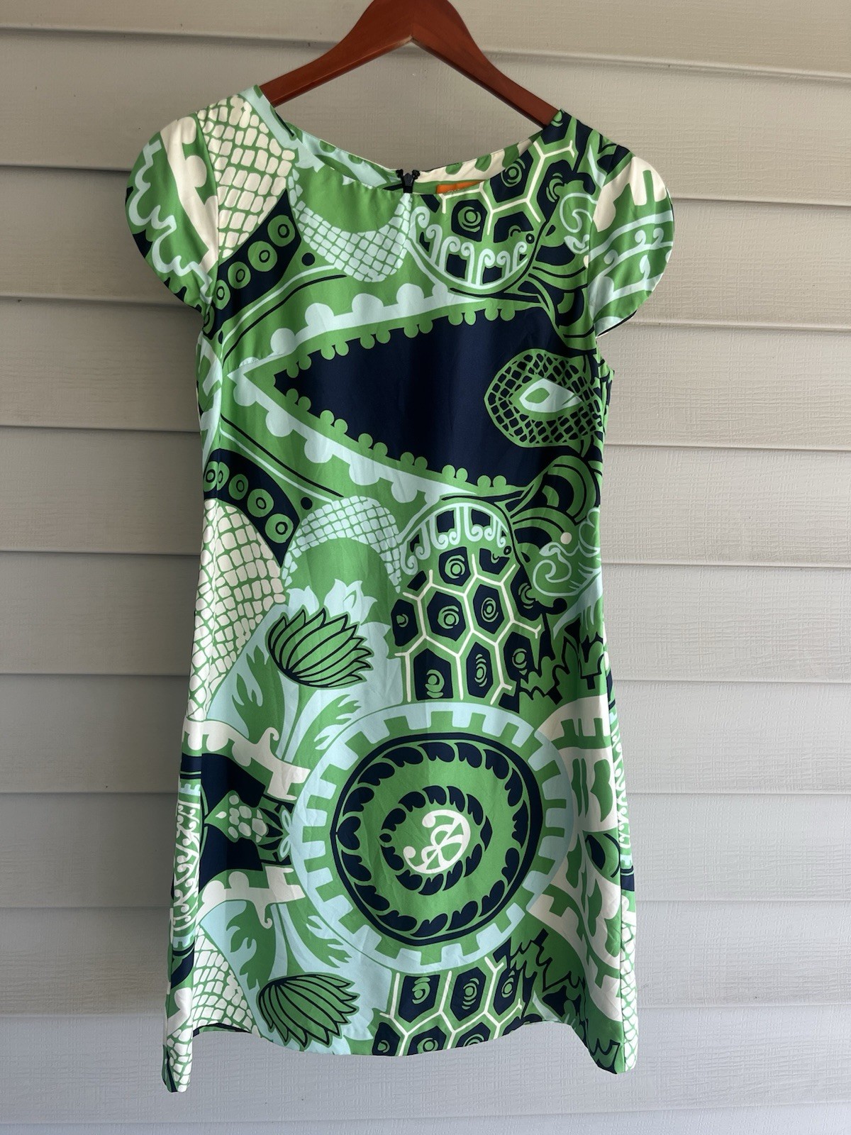 CK Bradley 100% Silk Dress Green Blue Print Lined Palm Beach Resort Wear Sz 6