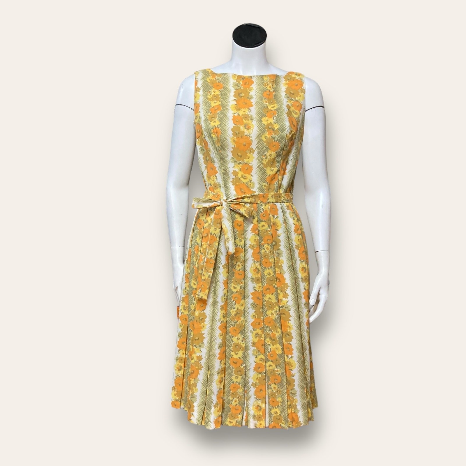 Vintage 70s Yellow Orange Floral Dress Sleeveless with Waist Tie