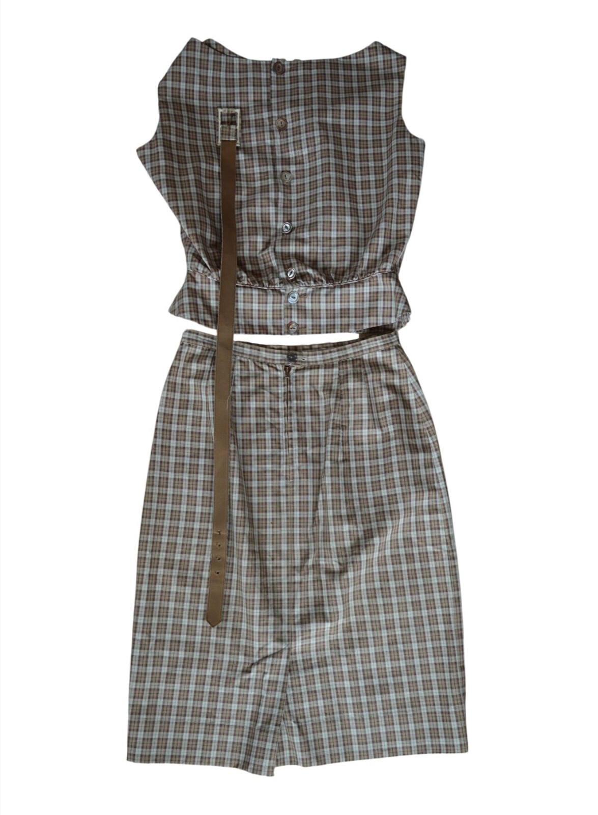 Vintage 60s Patty Woodard Brown Plaid Belted Skirt Set Juniors Size Small Coquet