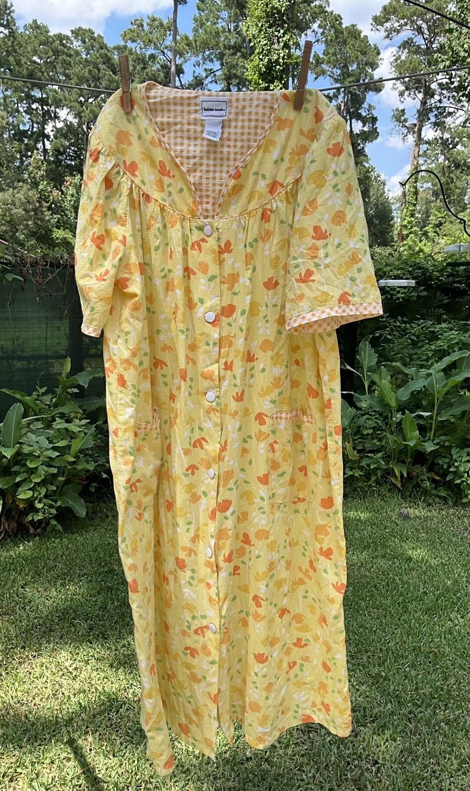 Vtg Bobbie Brooks Yellow Floral Housedress Housecoat Snap Front