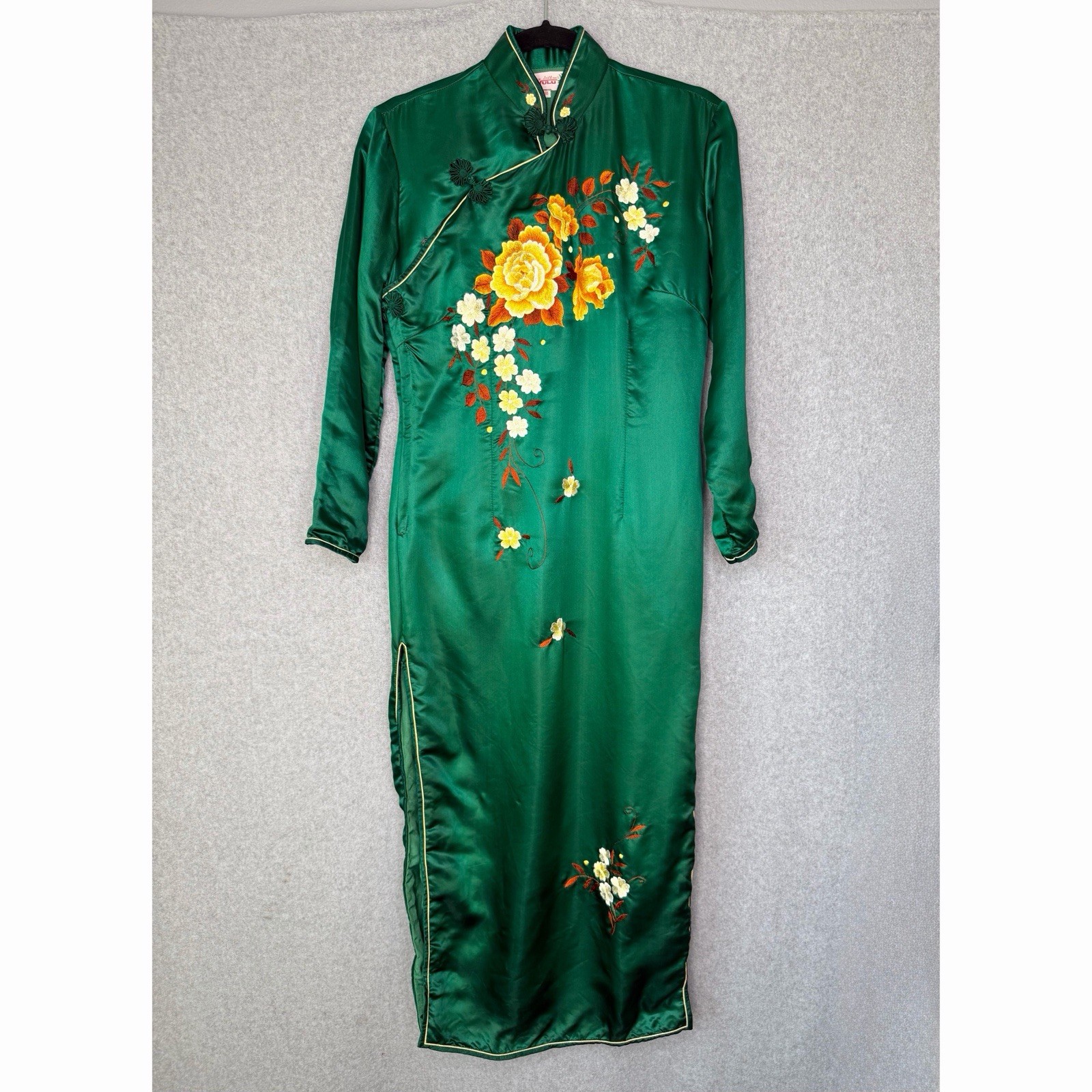 Vintage Green Silk Floral Qipao Dress Shift Cocktail Cheongsam Embroidered S/M