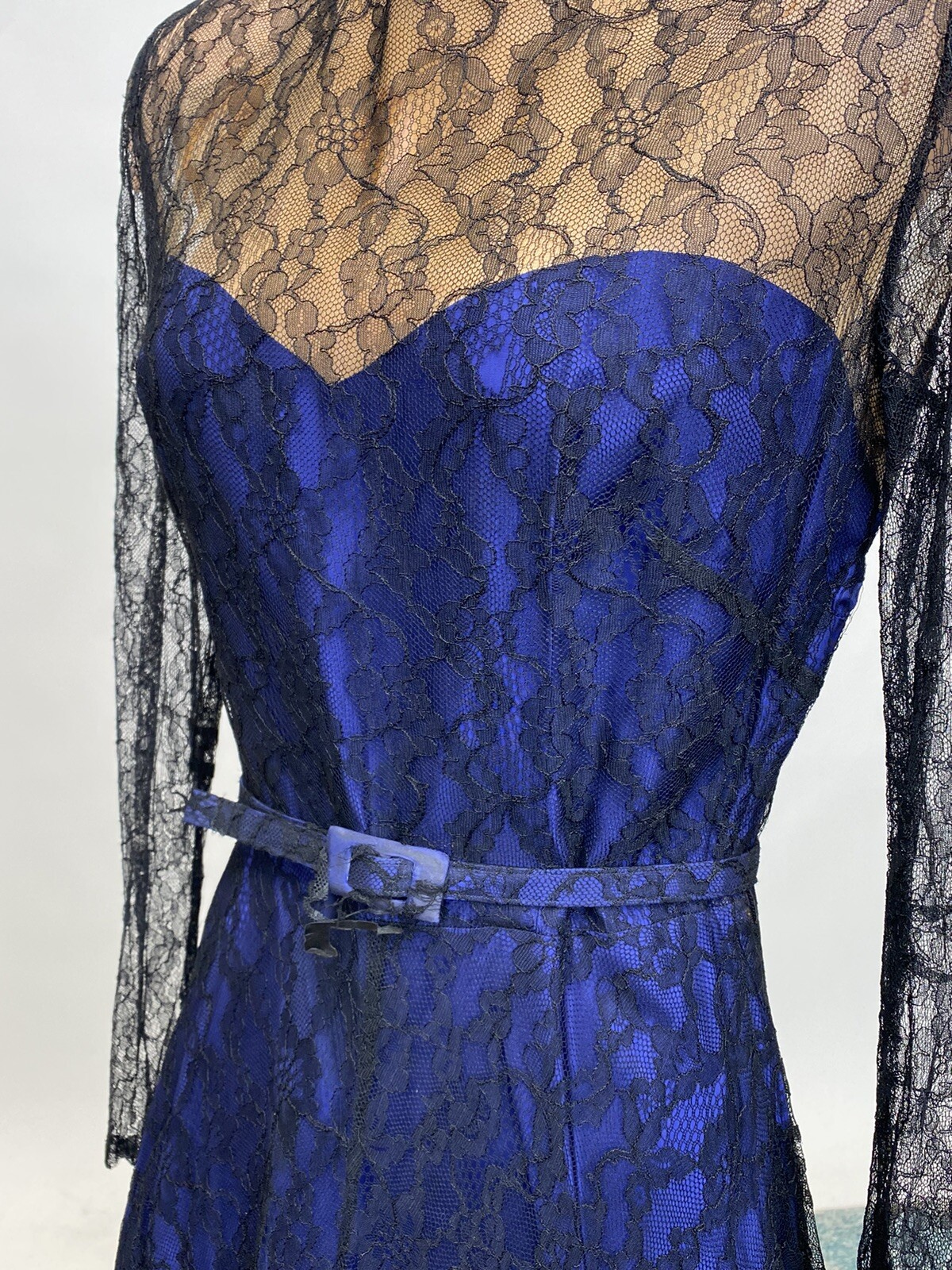 Antique Vintage 1940s Black & Blue Silk Chiffon Lace Bias Cut Full Length Gown
