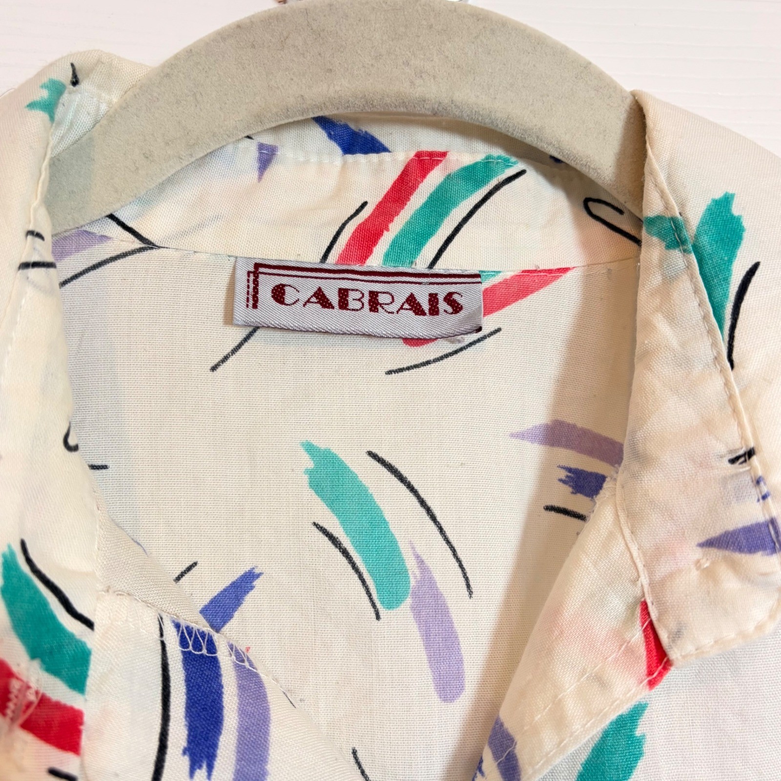 Cabrais Vtg 80s Abstract Brushstroke Button Shirt White Multi L Retro Nostalgia