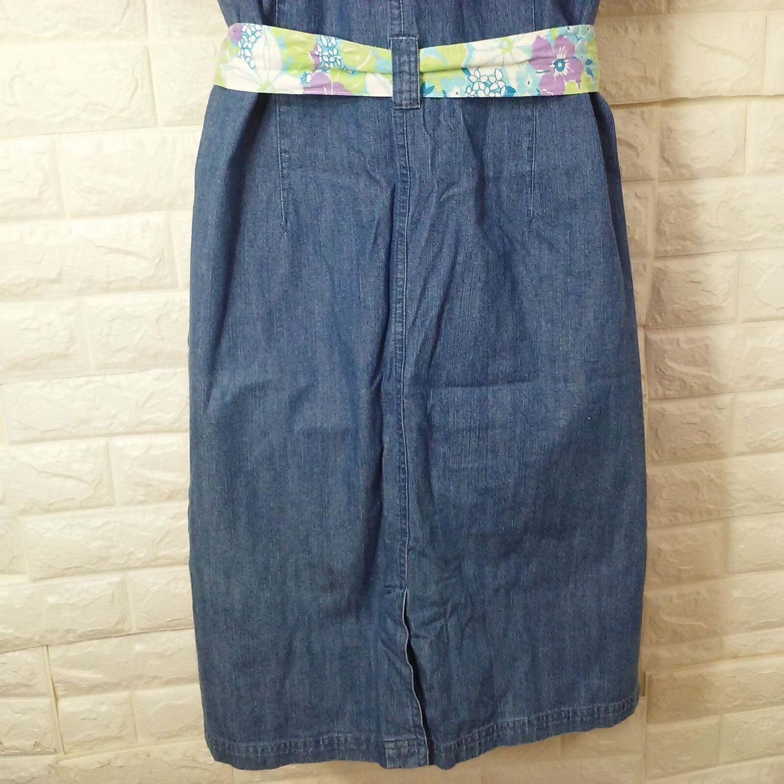 Vintage 90s Erika Denim Button-Front Shirt Dress XL(16) Pockets SSL Floral Belt