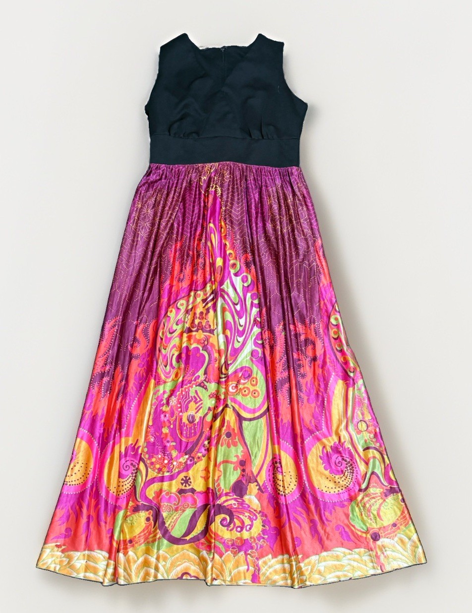 Vintage 70s Vicky Vaughn Maxi Dress Psychedelic Print Mod Boho Mcm Pink Purple