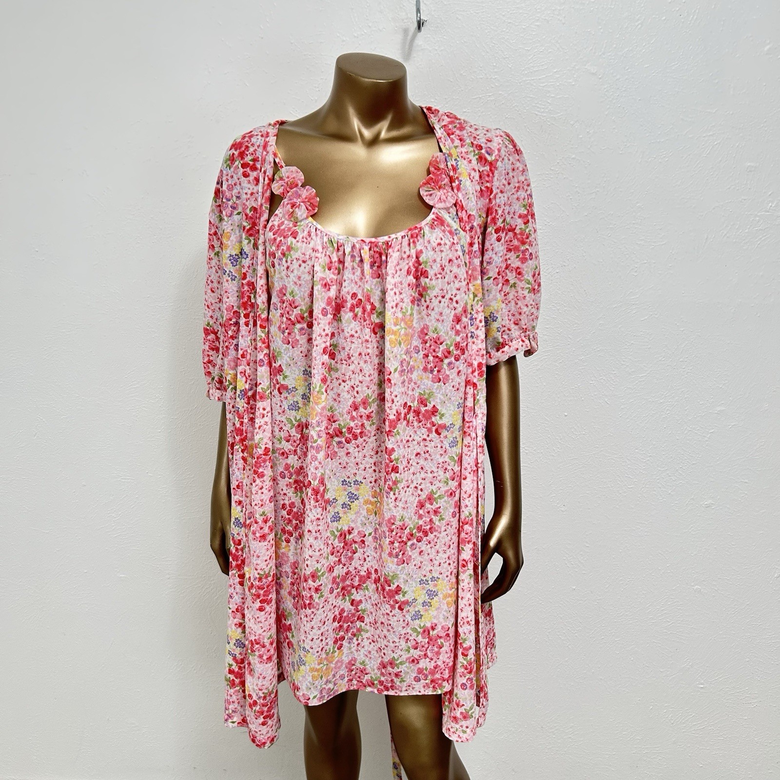 VINTAGE Oscar de la Renta Pink Label Pink Dainty Floral Robe & Slip Dress Sz L