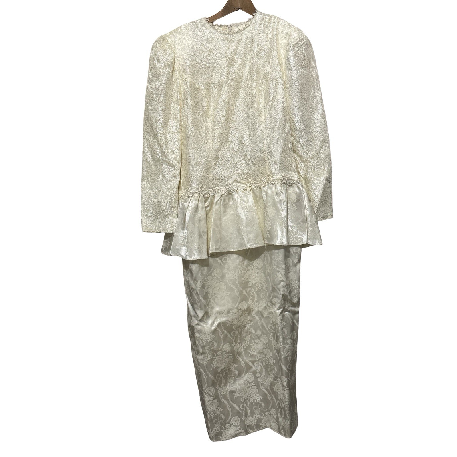Vintage 80s Scott McClintock Wedding Dress brocade long sleeve size 6 lace bow