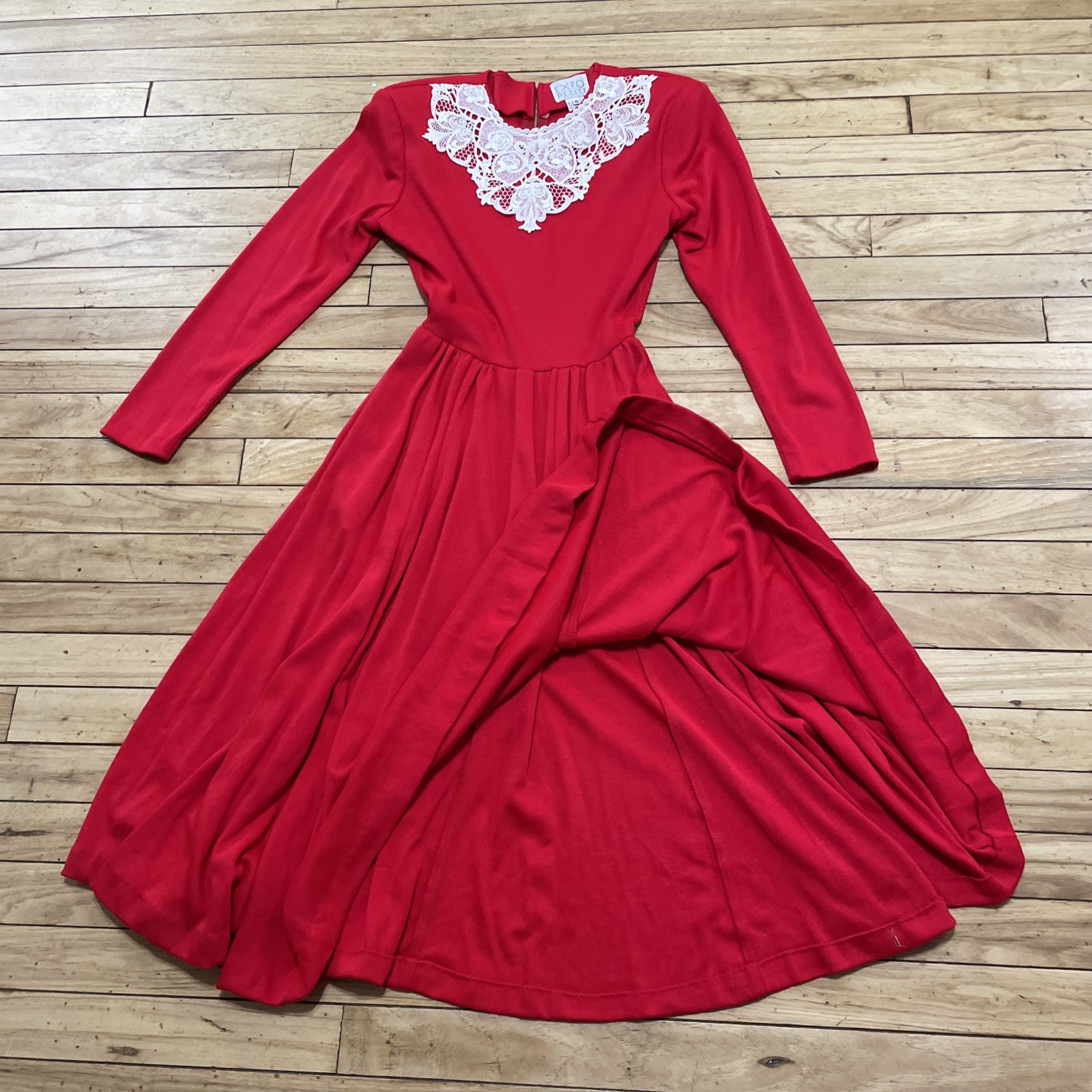 Expo Petite Vintage 1980’s Lace Trim Red Praire Dress Women 4 Wool Zip Made USA