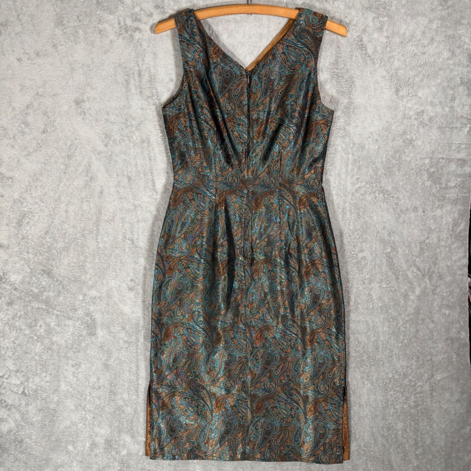 Althuser Vintage 100% Silk Paisley Brocade V-Neck Sheath Dress Teal Copper 4