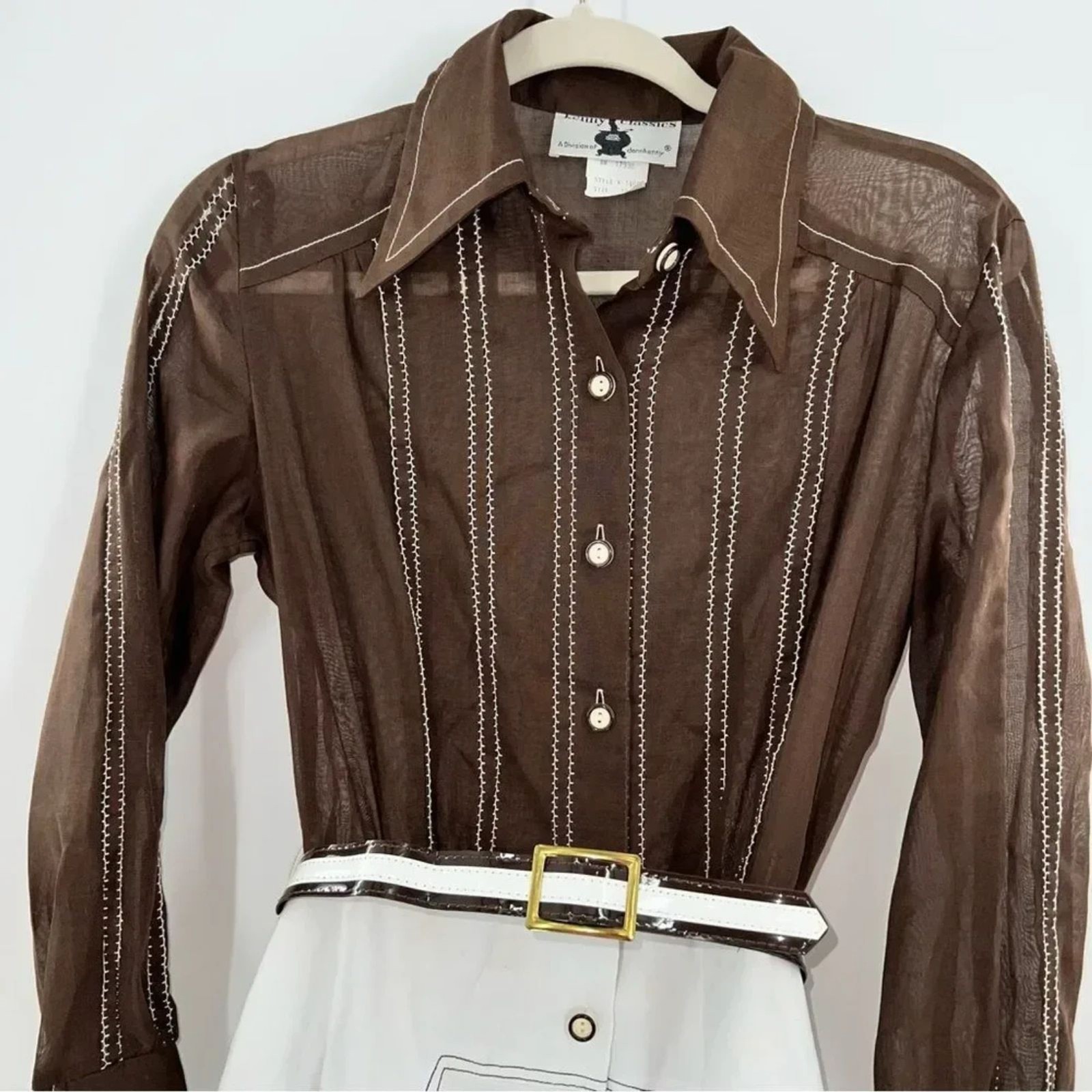 Kenny Classics 60s Sheer Brown Blouse w/Solid White Skirt Accent Stitching-Sz 8