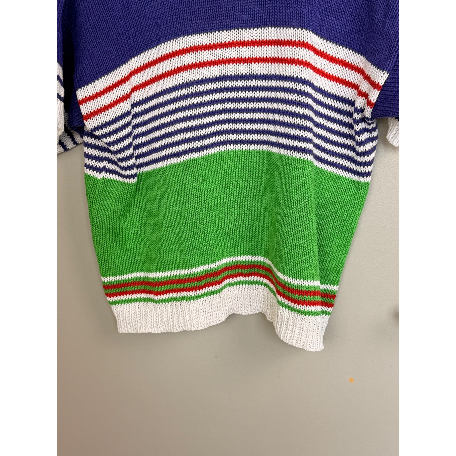 Leslie Fay Vintage 90s Knit Sweater Top Short Sleeve Colorblock Embroidered L