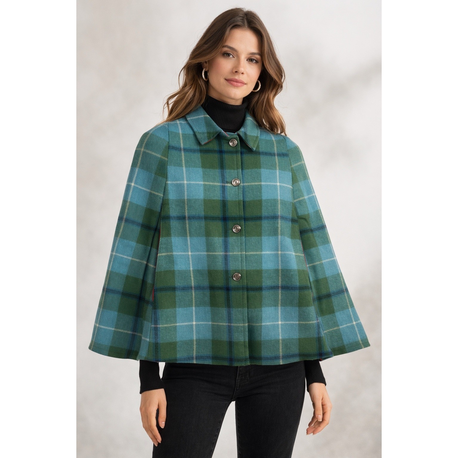 Vintage Green Blue Plaid Wool Cape Coat Red Lining Tartan Poncho Reversible