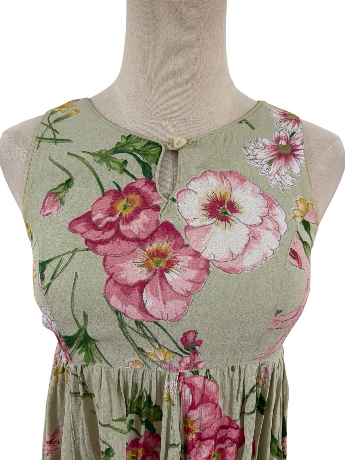 Vtg 90s Starina Babydoll Mini Dress Sz S Green Floral Grunge Garden Party Boho