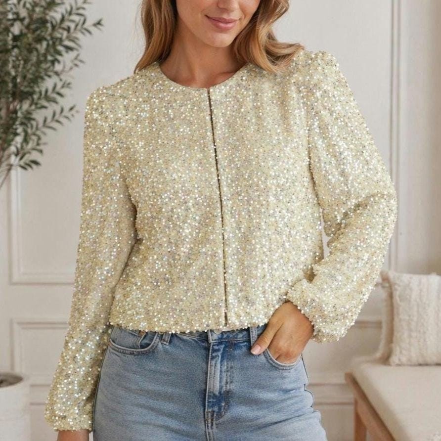 Vintage 60s Iridescent Gold Beige Sequin Jacket Bridal Formal Large Size 40