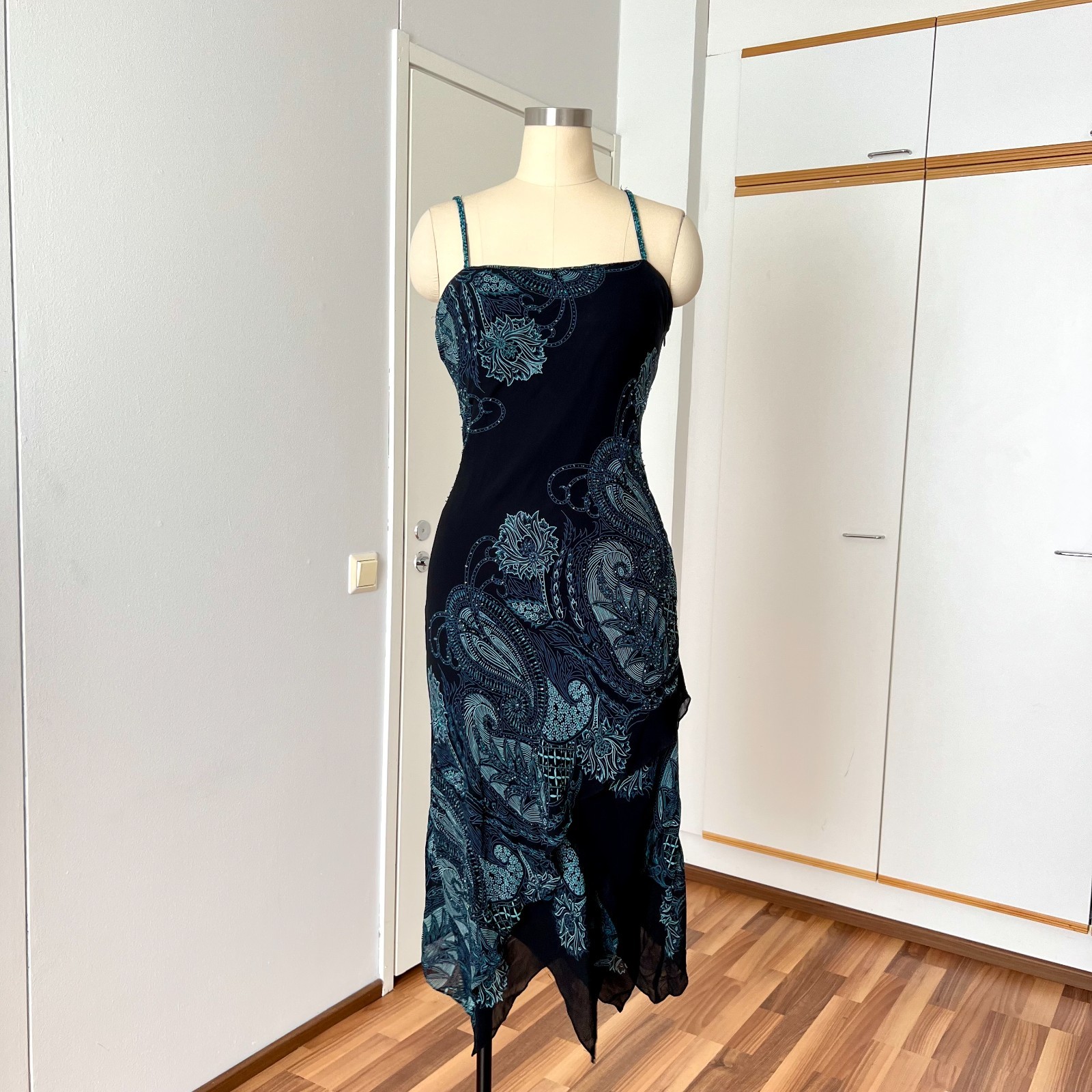 Y2K Paisley Slip Midi Dress Spaghetti Straps Asymmetrical Hem Whimsygoth Size 6