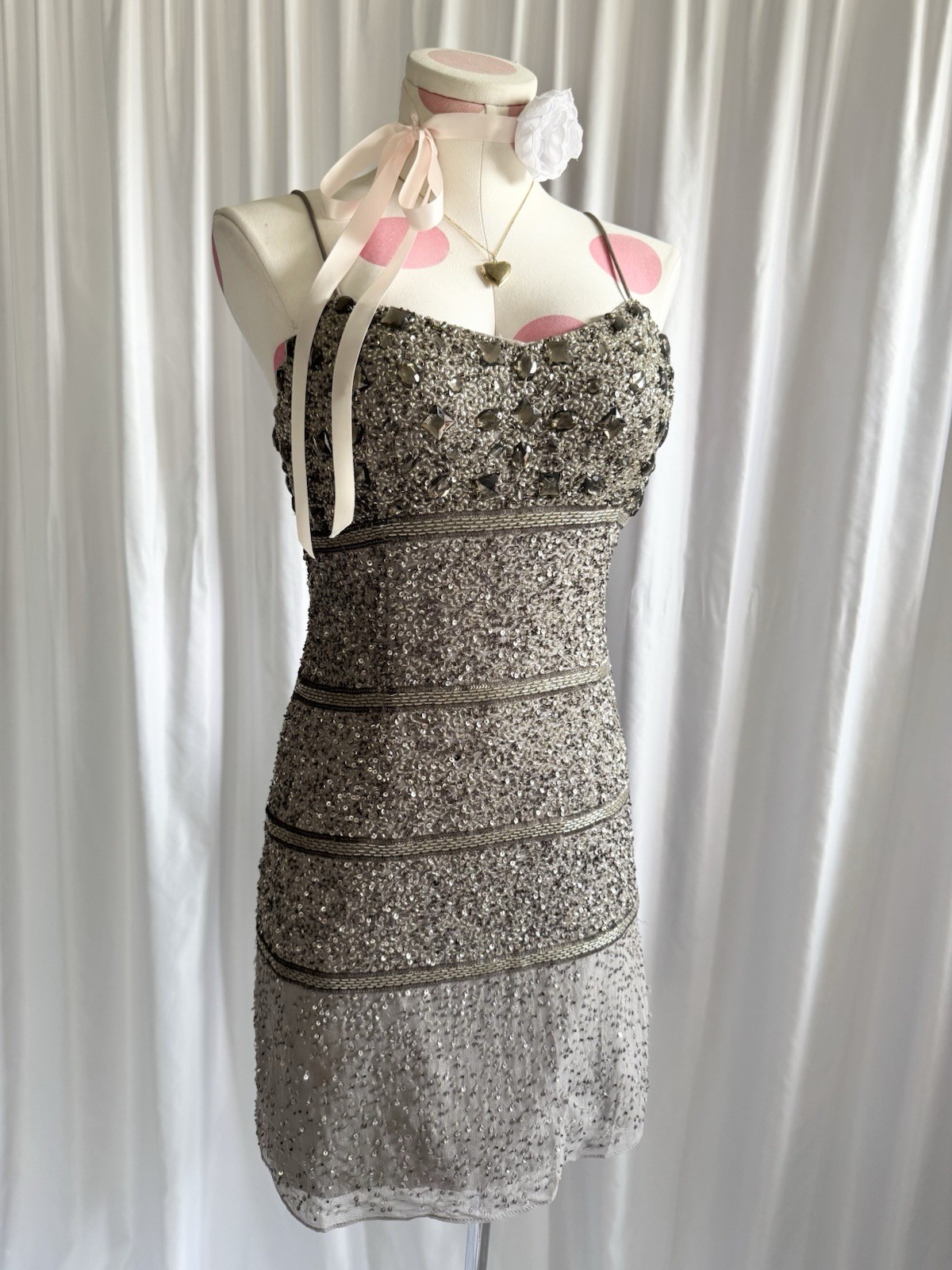 Vintage Y2K Silver Beaded Silk Sequin Gem Party Princess Mini Dress Grey Size S
