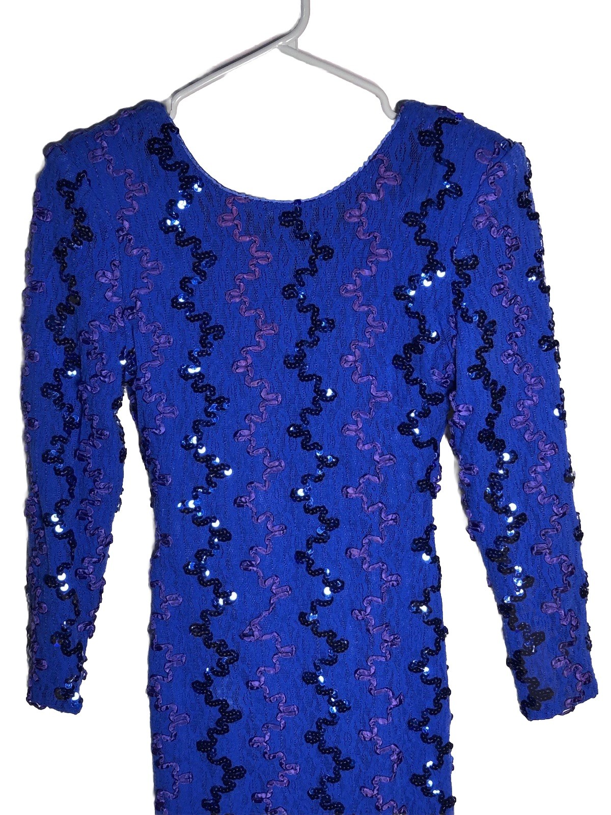 Vtg 90s Dress Blue Sequin Body Con Cocktail Evening Date Ribbon Lace Sequins S