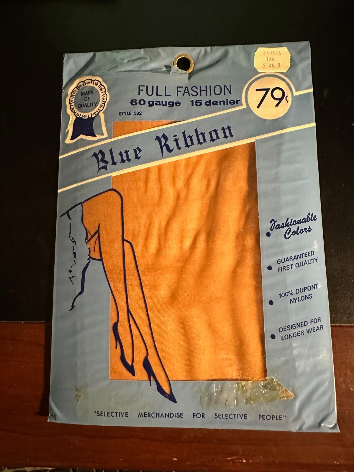 1PR 15Dn Ultra Sheer 1950s Plain Knit Blue Ribbon Full Fashioned Nylons Tan Sz 9