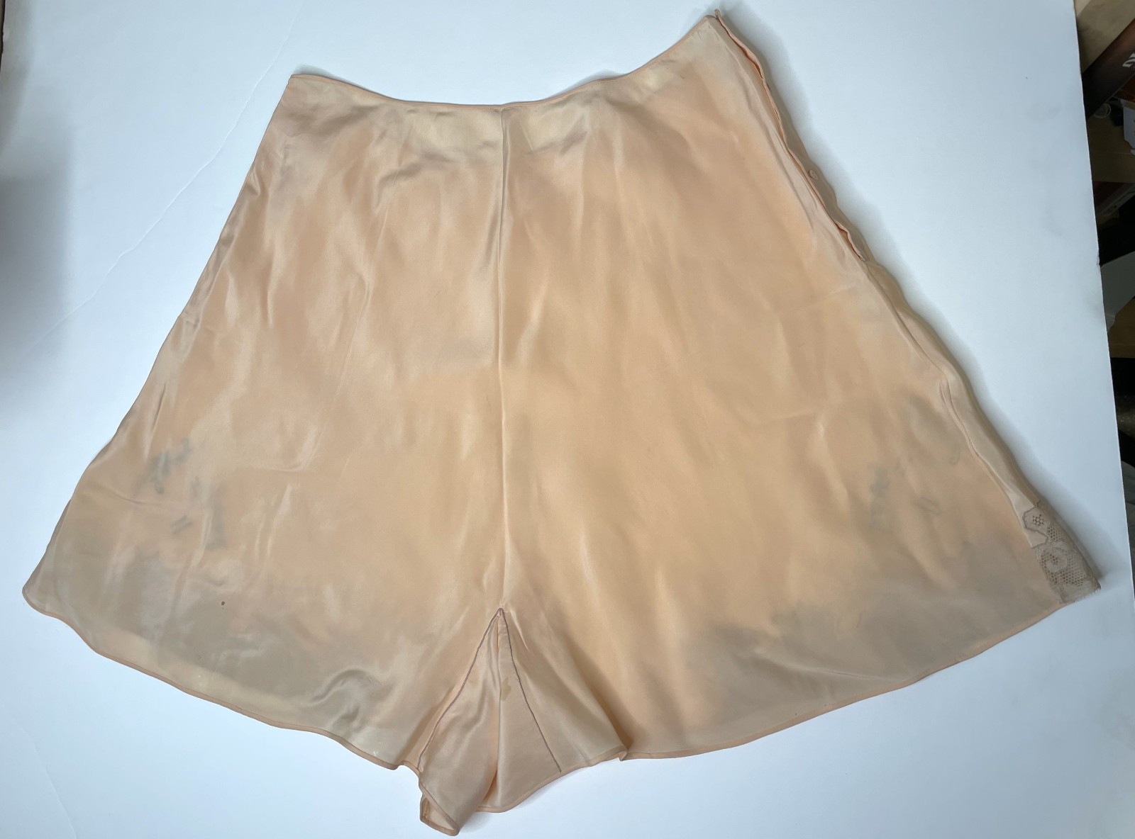 Antique 20s Pink Peach Silk Panties S M NOS Button Side Tap Pants Lace Embr