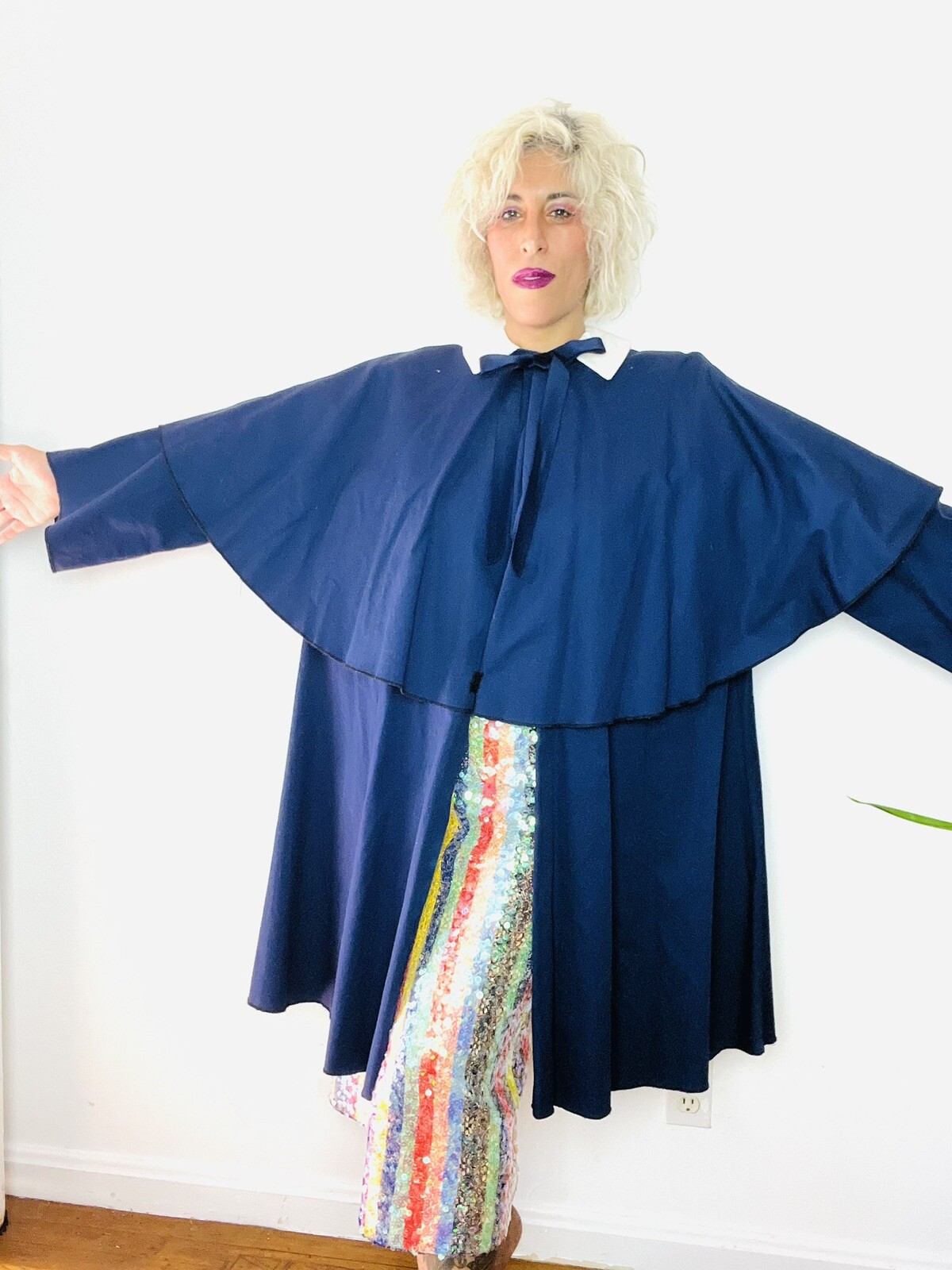 1980’s 80s Cotton Faille Oversized CAPE Peter Pan Collar Vintage Swing Coat L XL