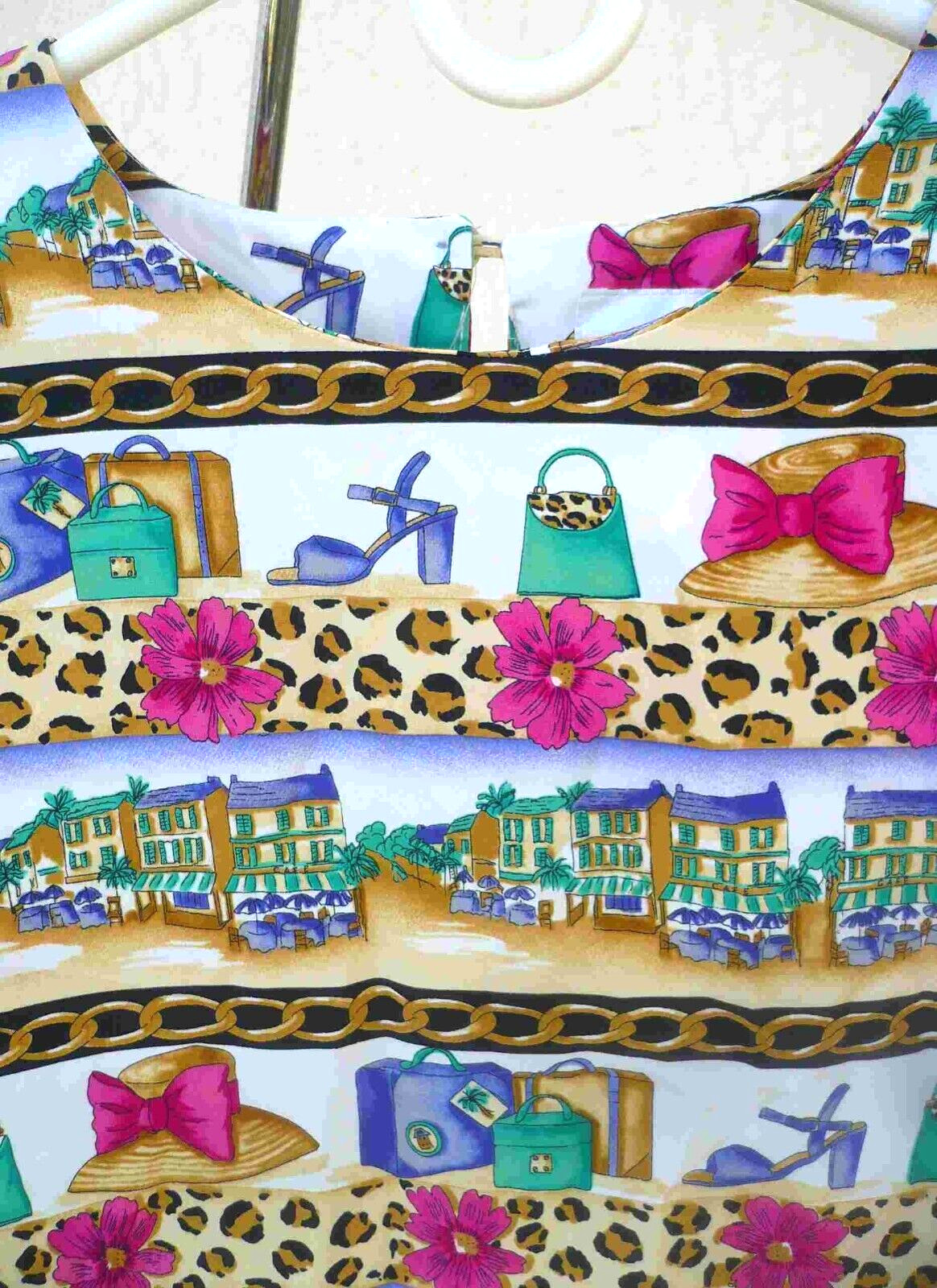 VTG 80S JORDAN RARE LEOPARD VILLAGE CHAIN FLORAL FASHION PRINT BLOUSE WOMEN M S