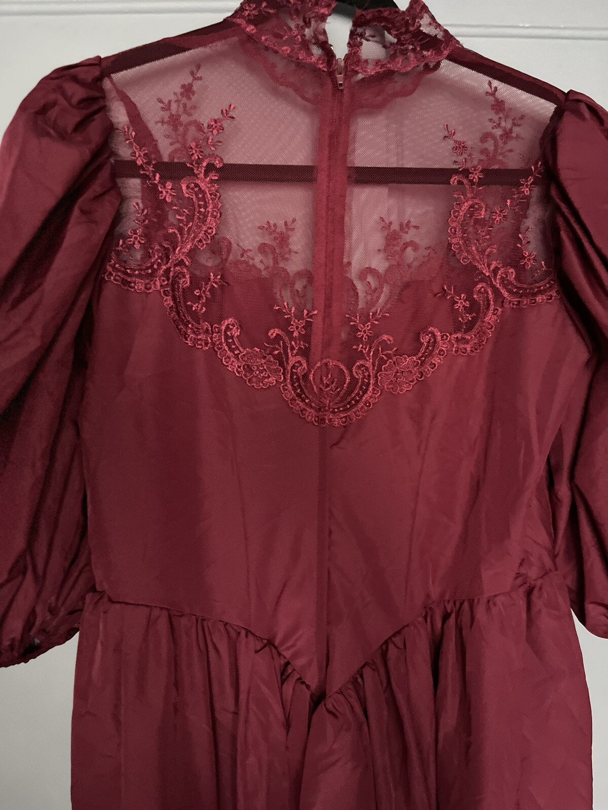 Vintage Eve of Milady Dress Burgundy Sz. 10 Puff Sleeve Lace Maxi