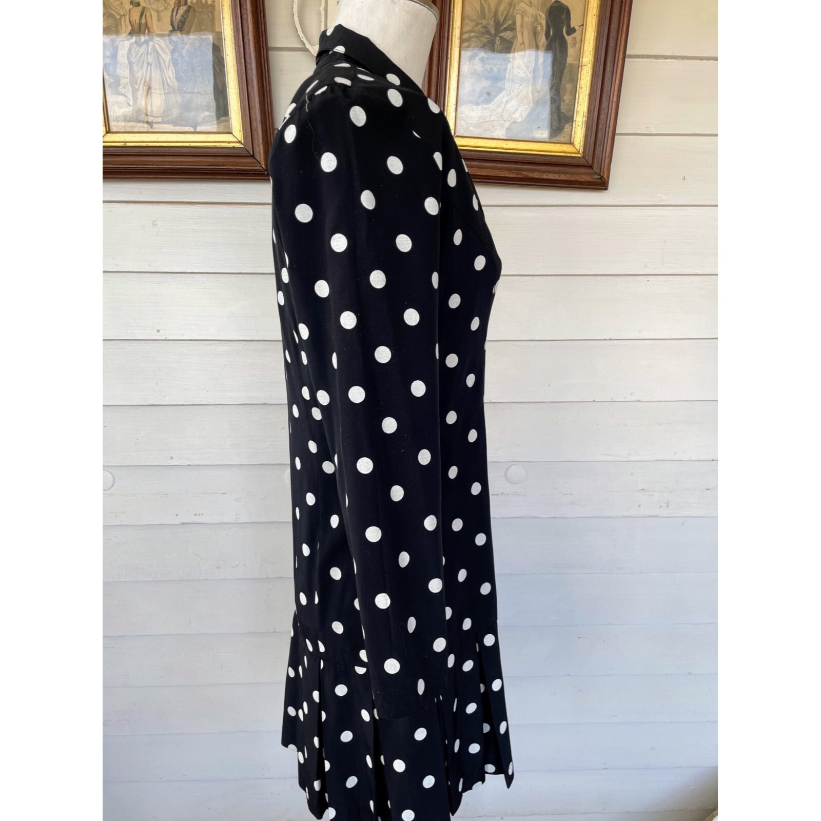 Vintage 1980s Black White Polka Dot Pleated Dress