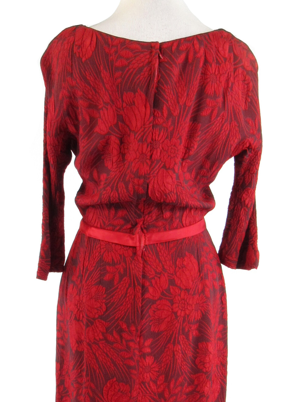Red gray floral print 3/4 sleeve vintage day dress 12 S